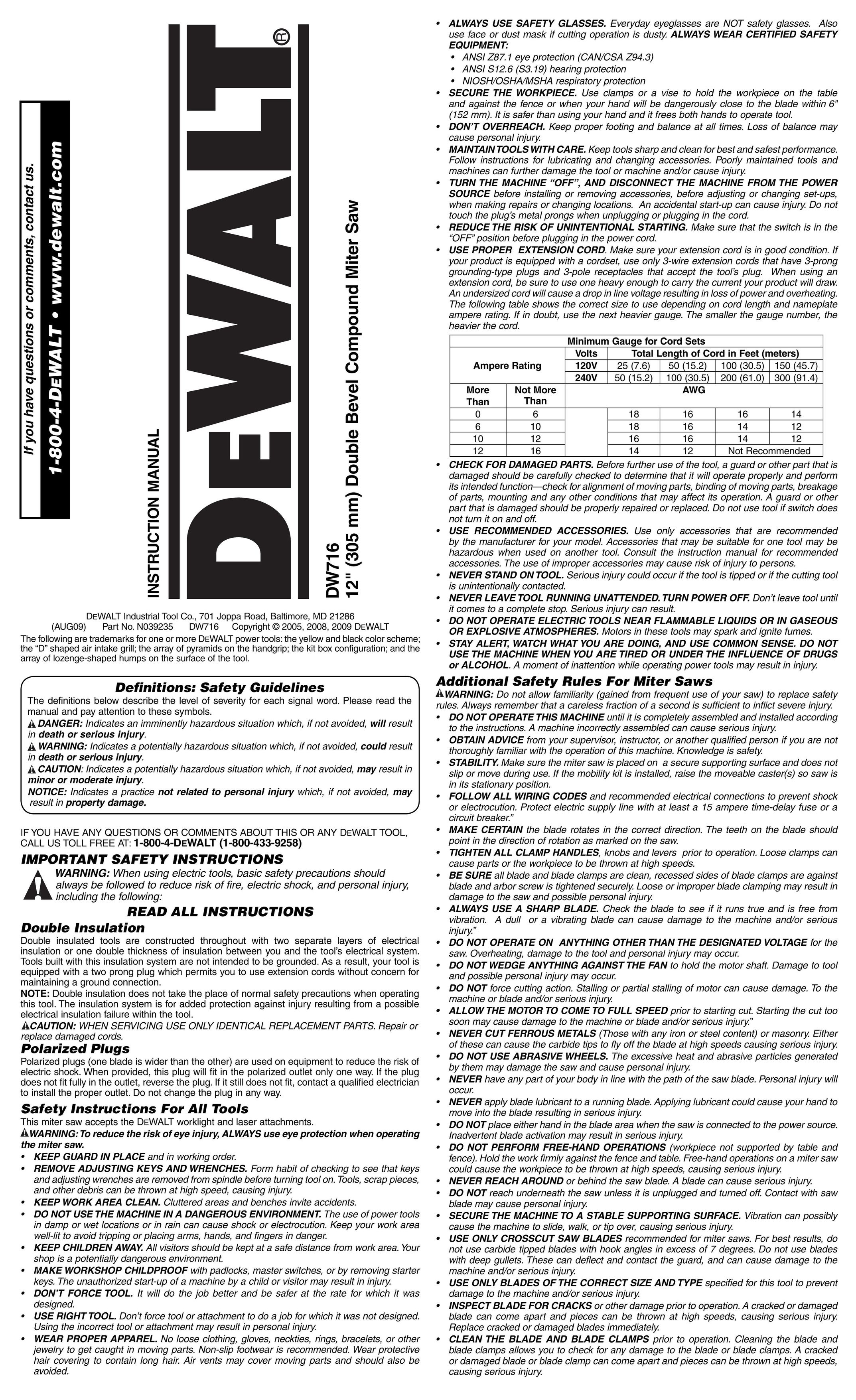 DeWalt DW716 Cordless Saw User Manual