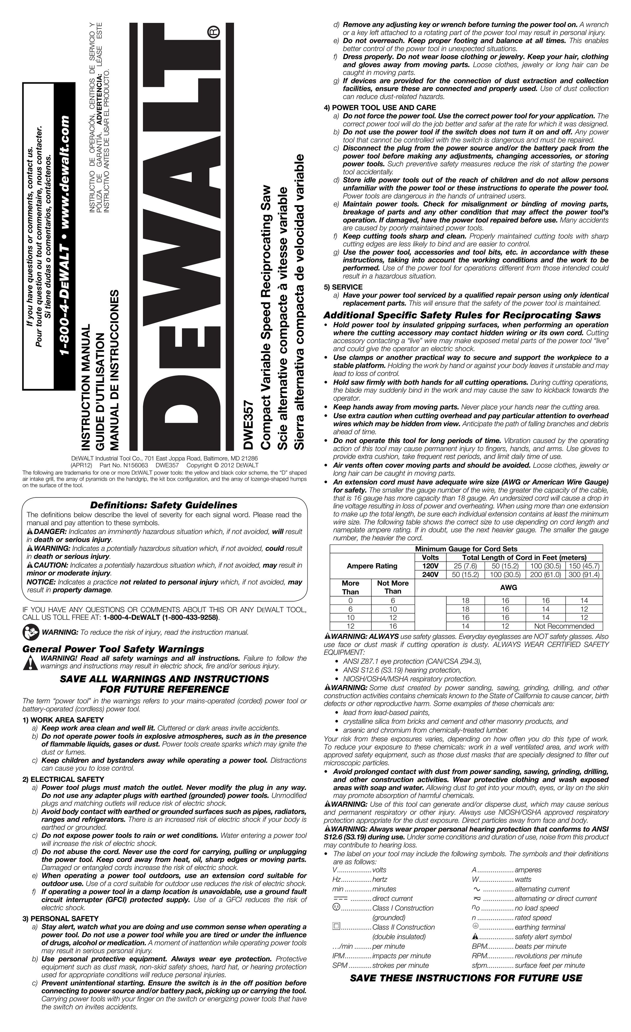 DeWalt DWE357 Cordless Saw User Manual