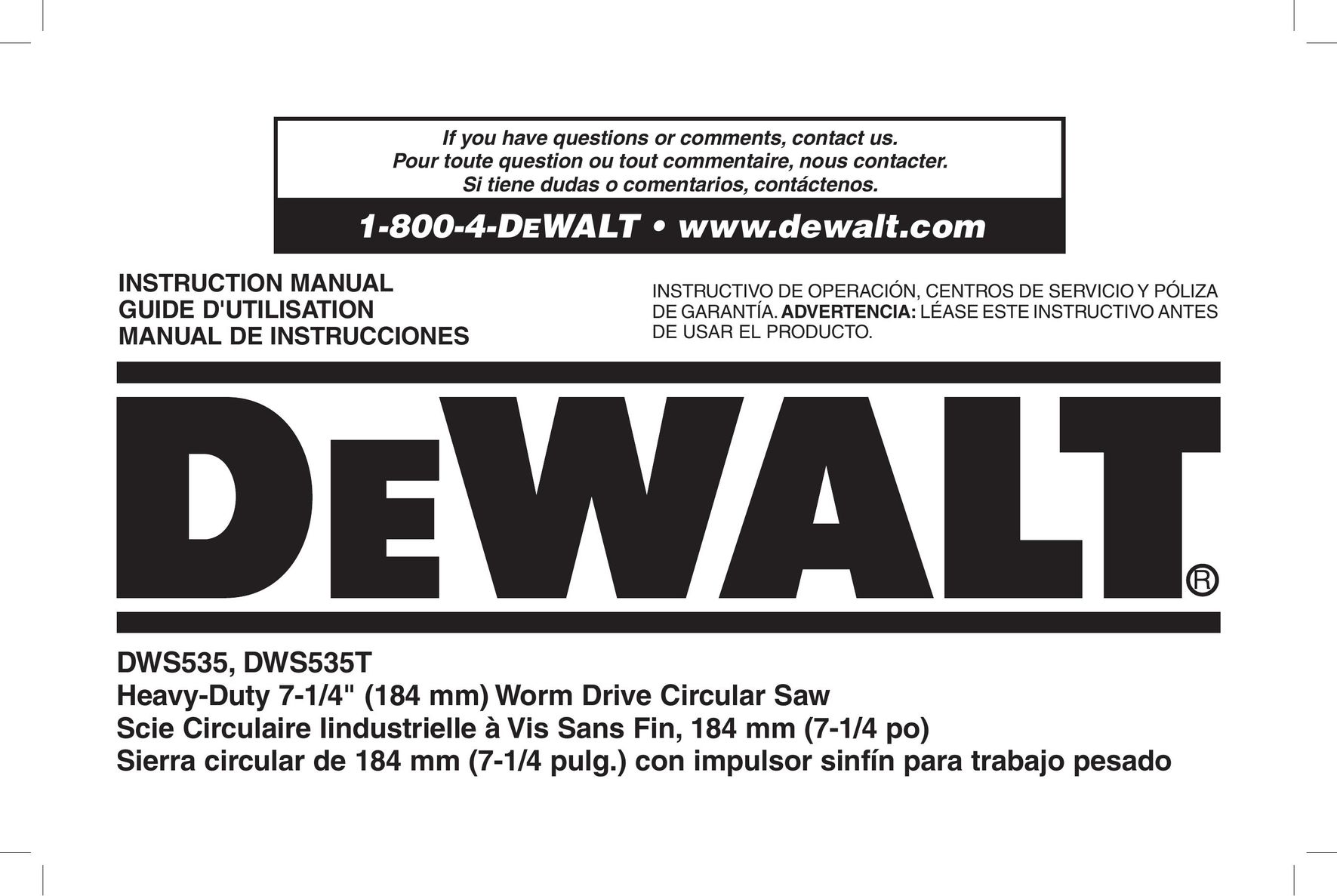 DeWalt DWS535 Cordless Saw User Manual