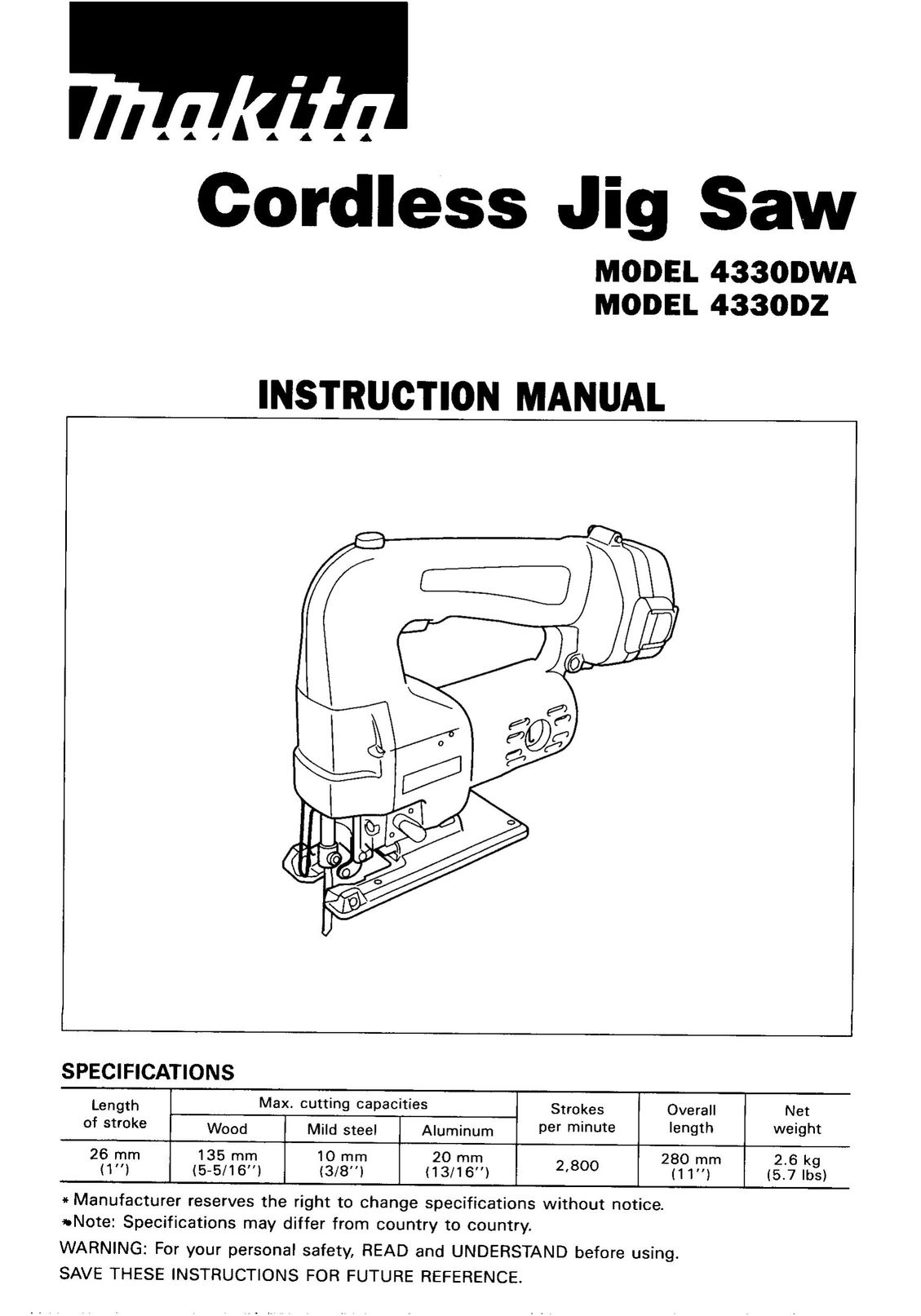 Makita 433ODWA Cordless Saw User Manual