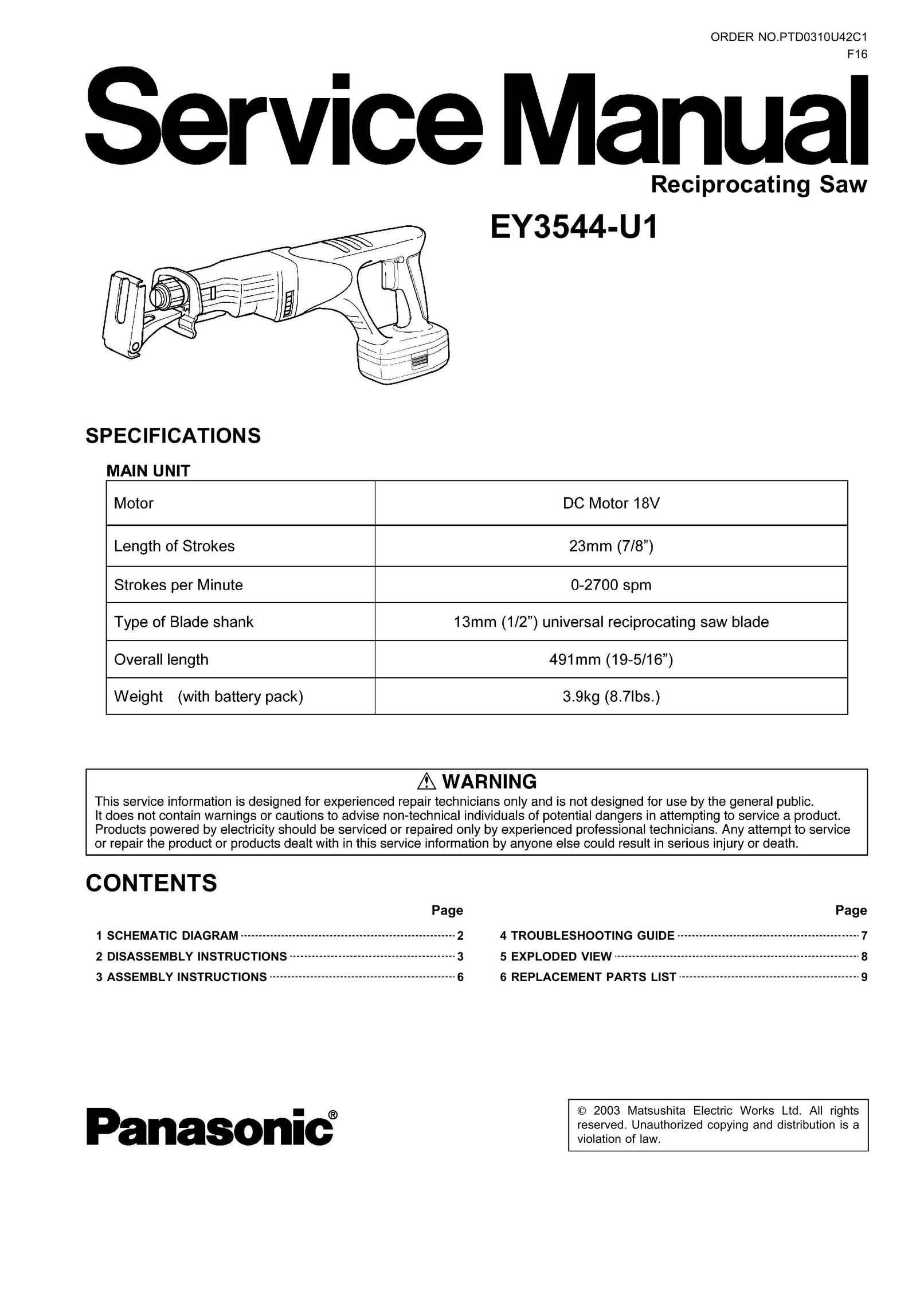 Panasonic EY3544-U1 Cordless Saw User Manual