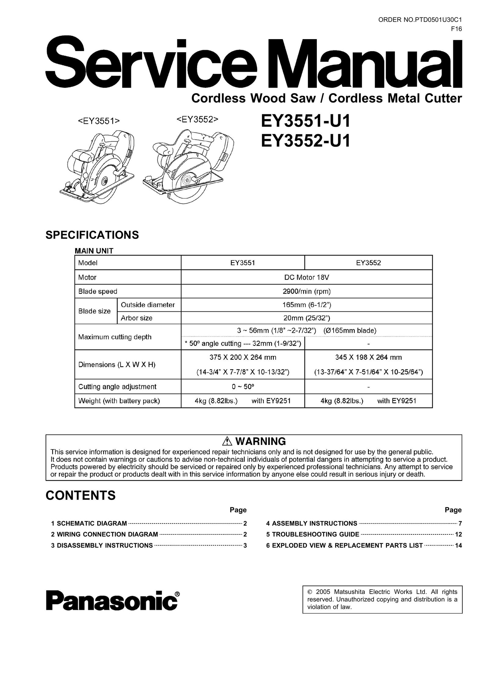 Panasonic EY3552-U1 Cordless Saw User Manual