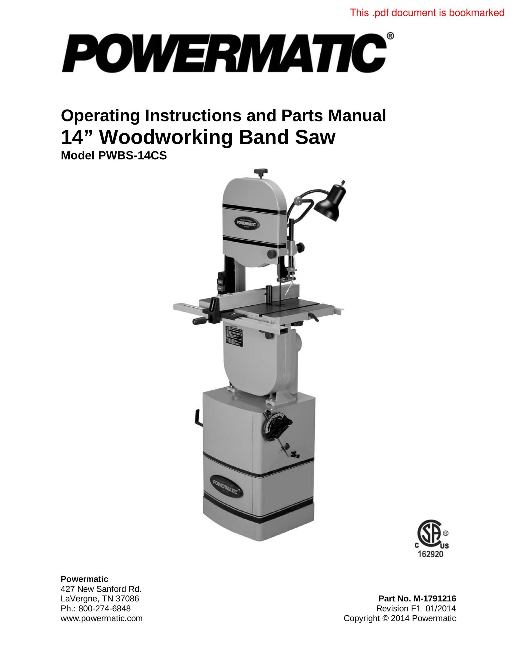 Powermatic PWBS-14CS Cordless Saw User Manual