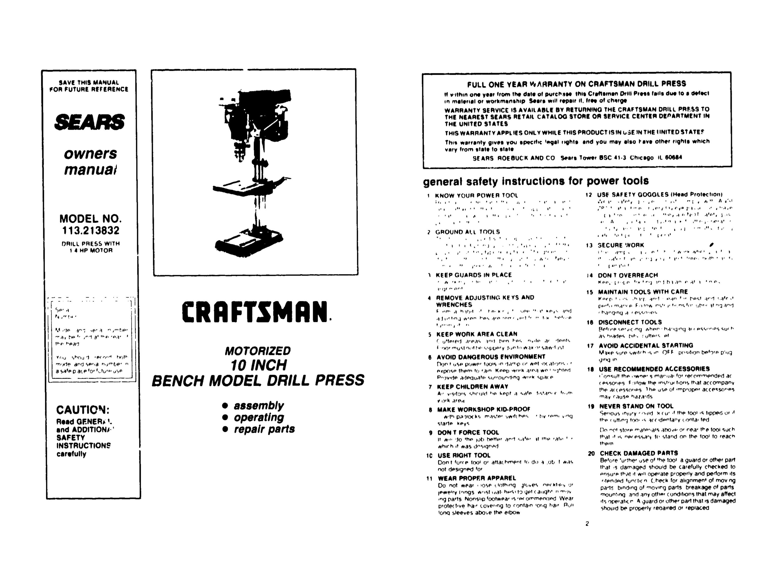Craftsman 113.213832 Drill User Manual