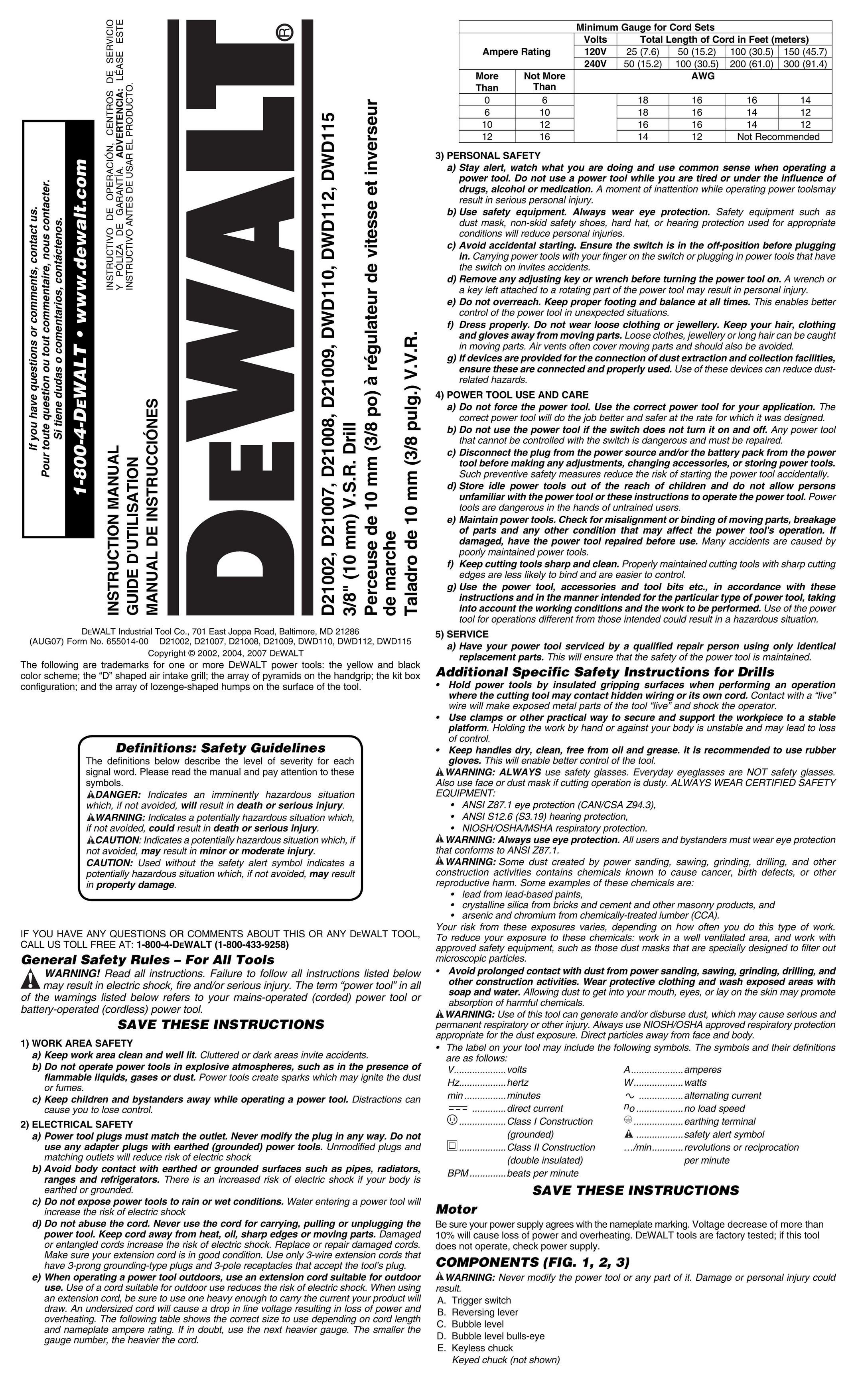 DeWalt D21009 Drill User Manual