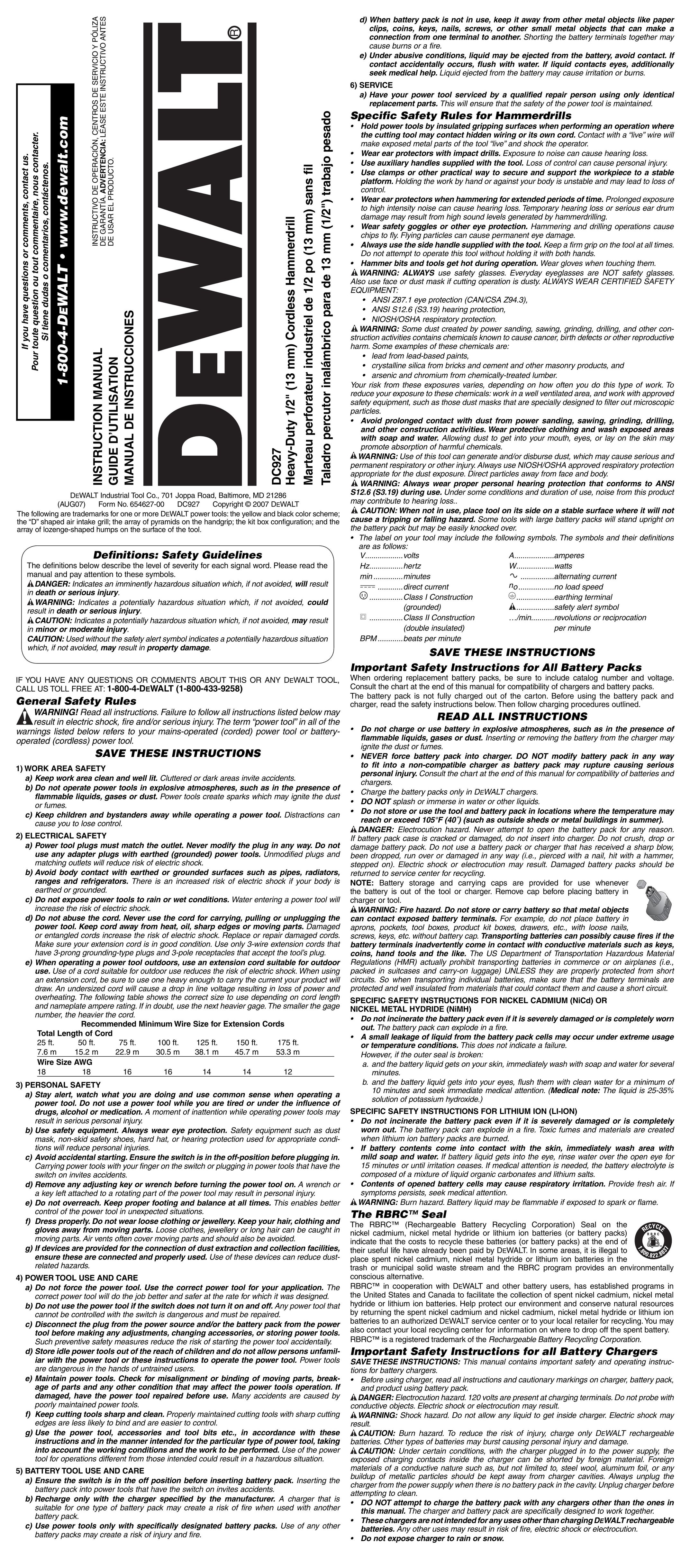 DeWalt DC927 Drill User Manual