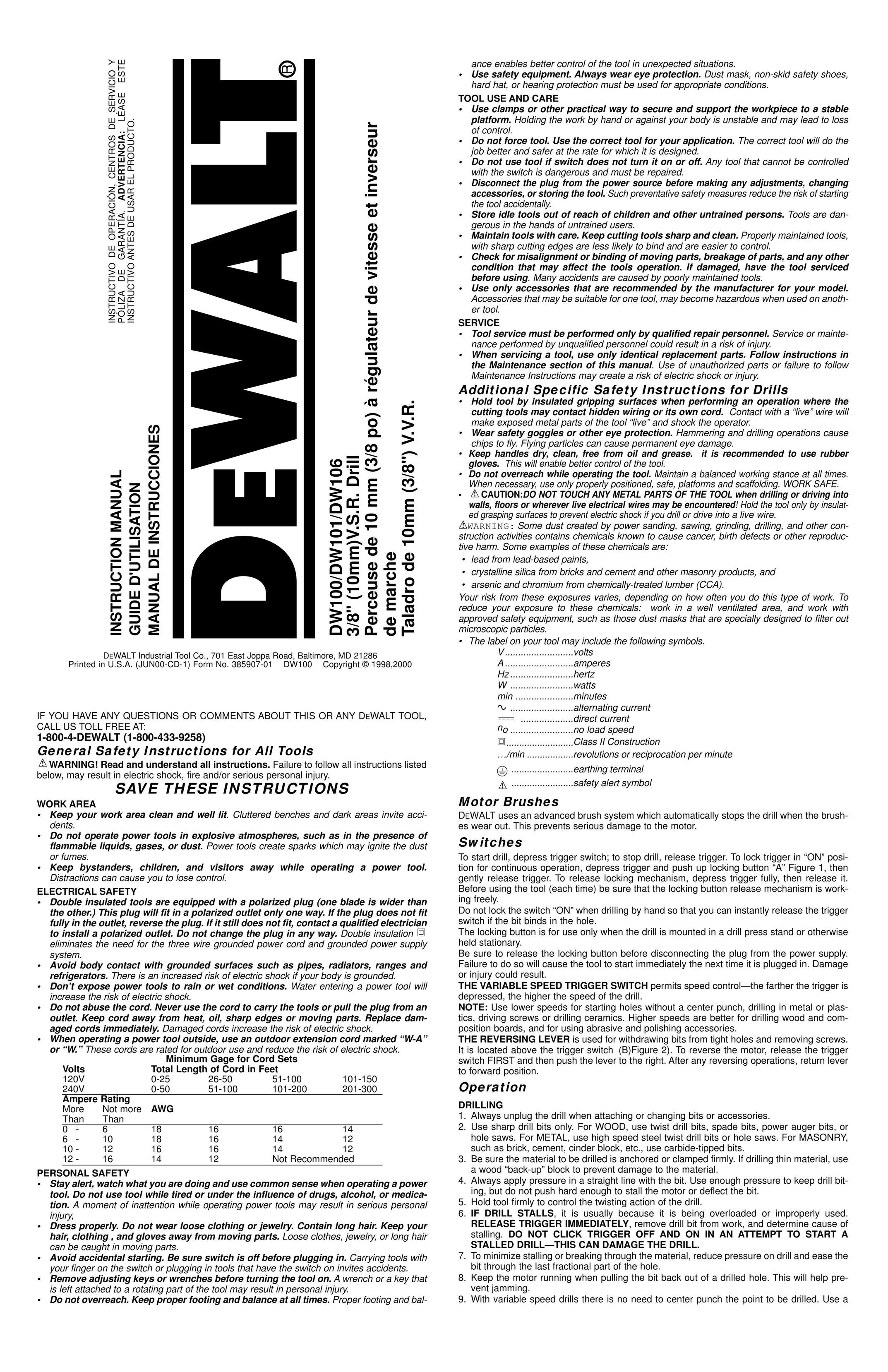 DeWalt DW101 Drill User Manual
