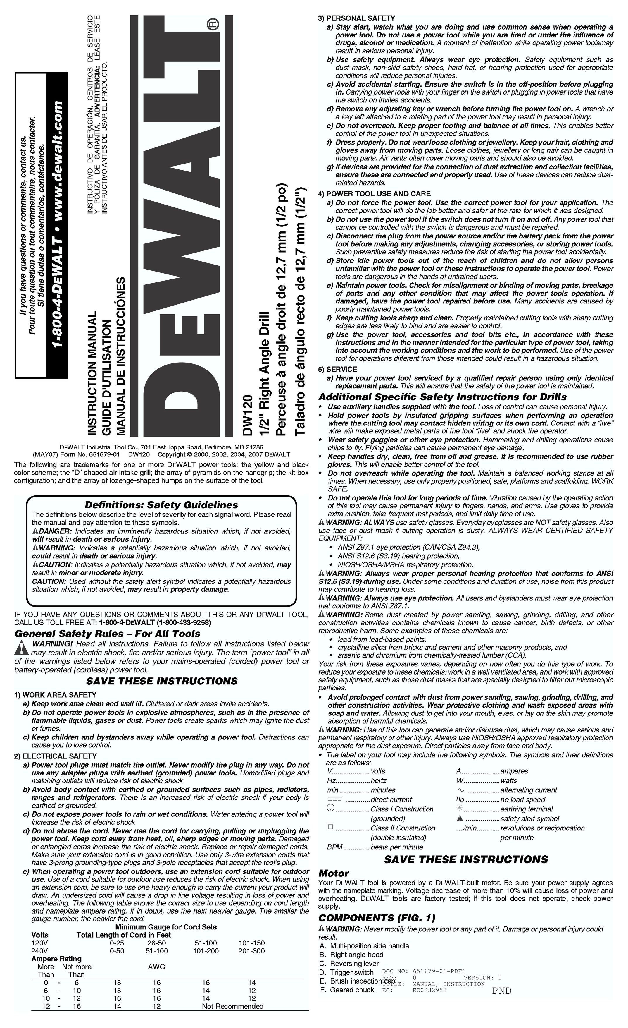 DeWalt DW120K Drill User Manual