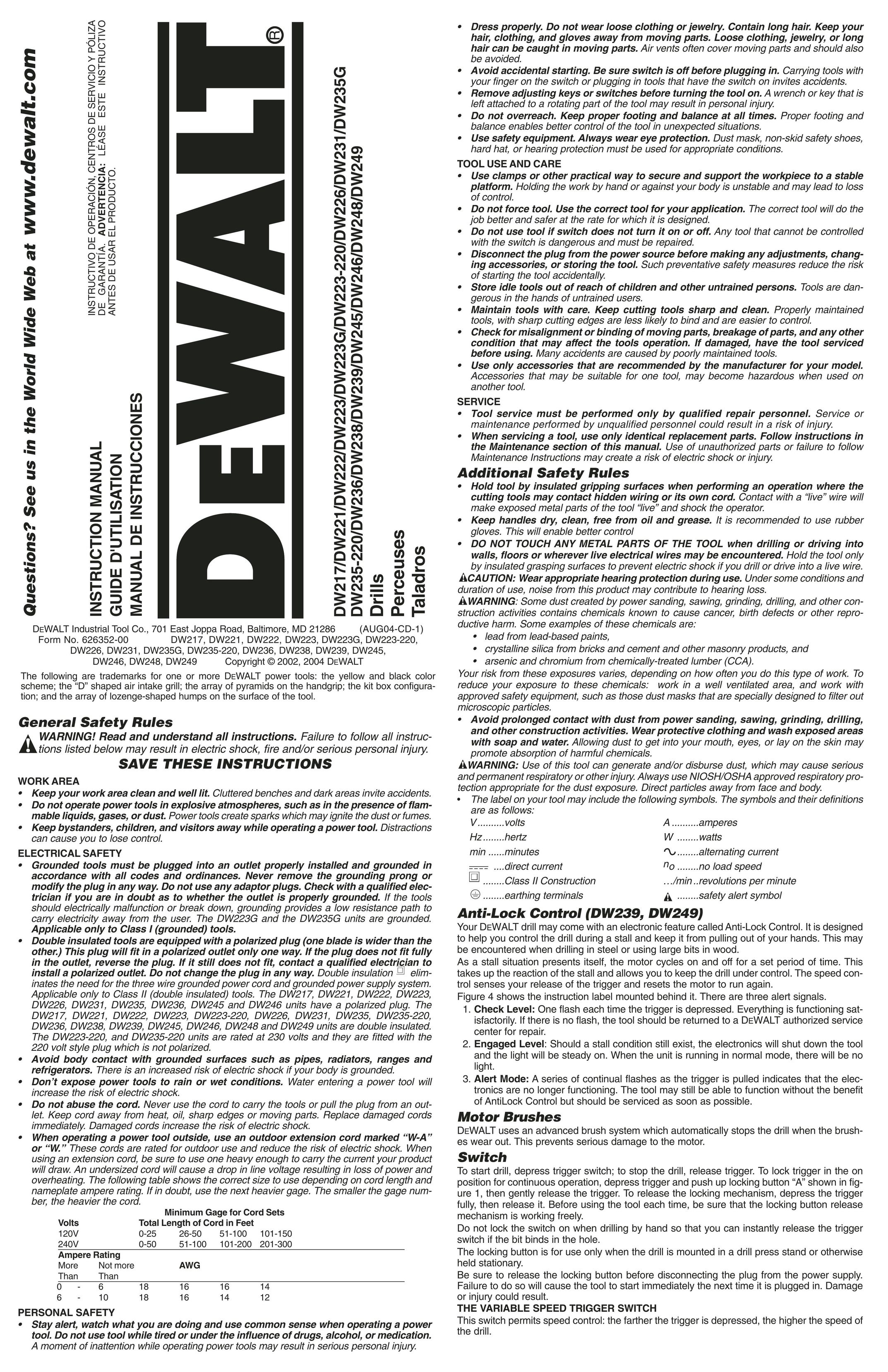 DeWalt DW217 Drill User Manual