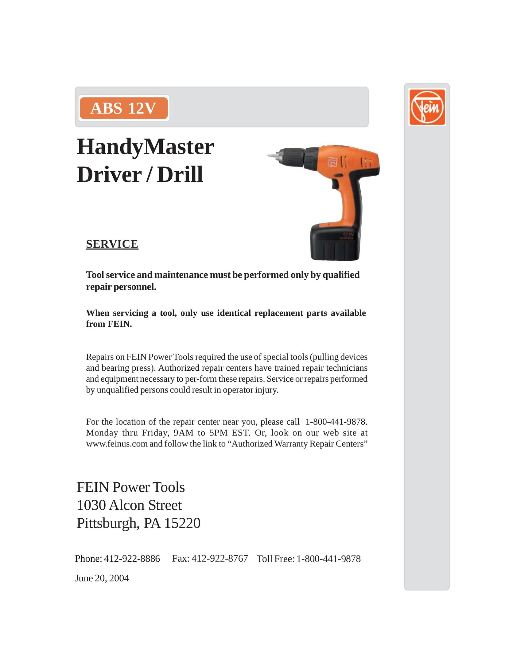 FEIN Power Tools ABS 12V Drill User Manual