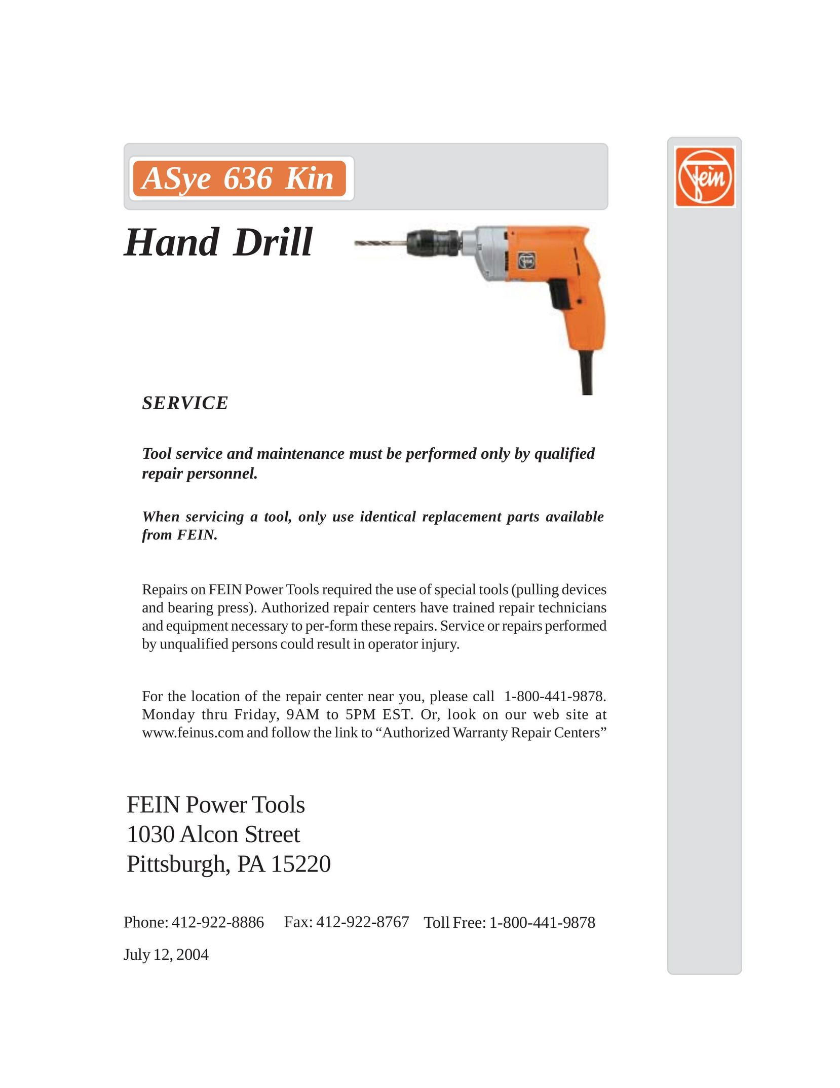 FEIN Power Tools ASye 636 Kin Drill User Manual