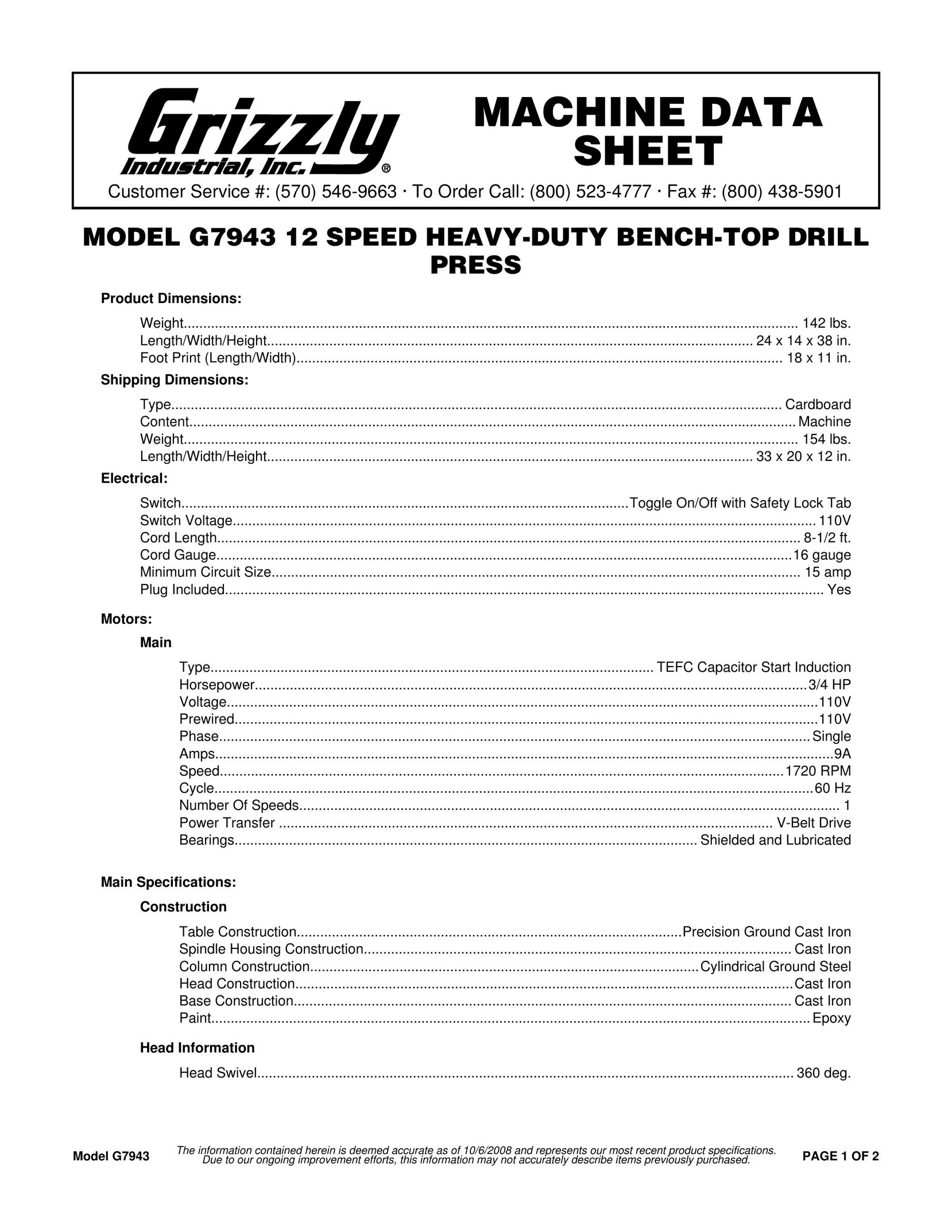 Grizzly G7943 Drill User Manual