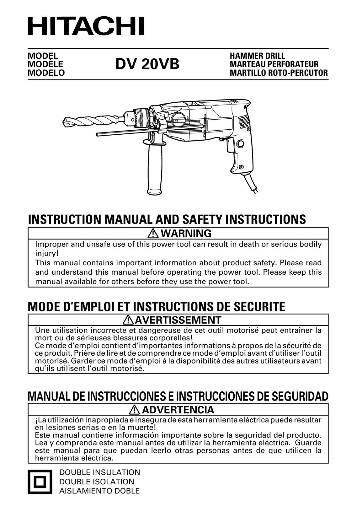 Hitachi DV 20VB Drill User Manual