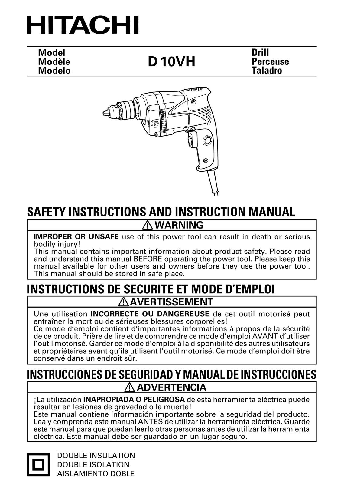 Hitachi Koki USA D 10VH Drill Drill User Manual