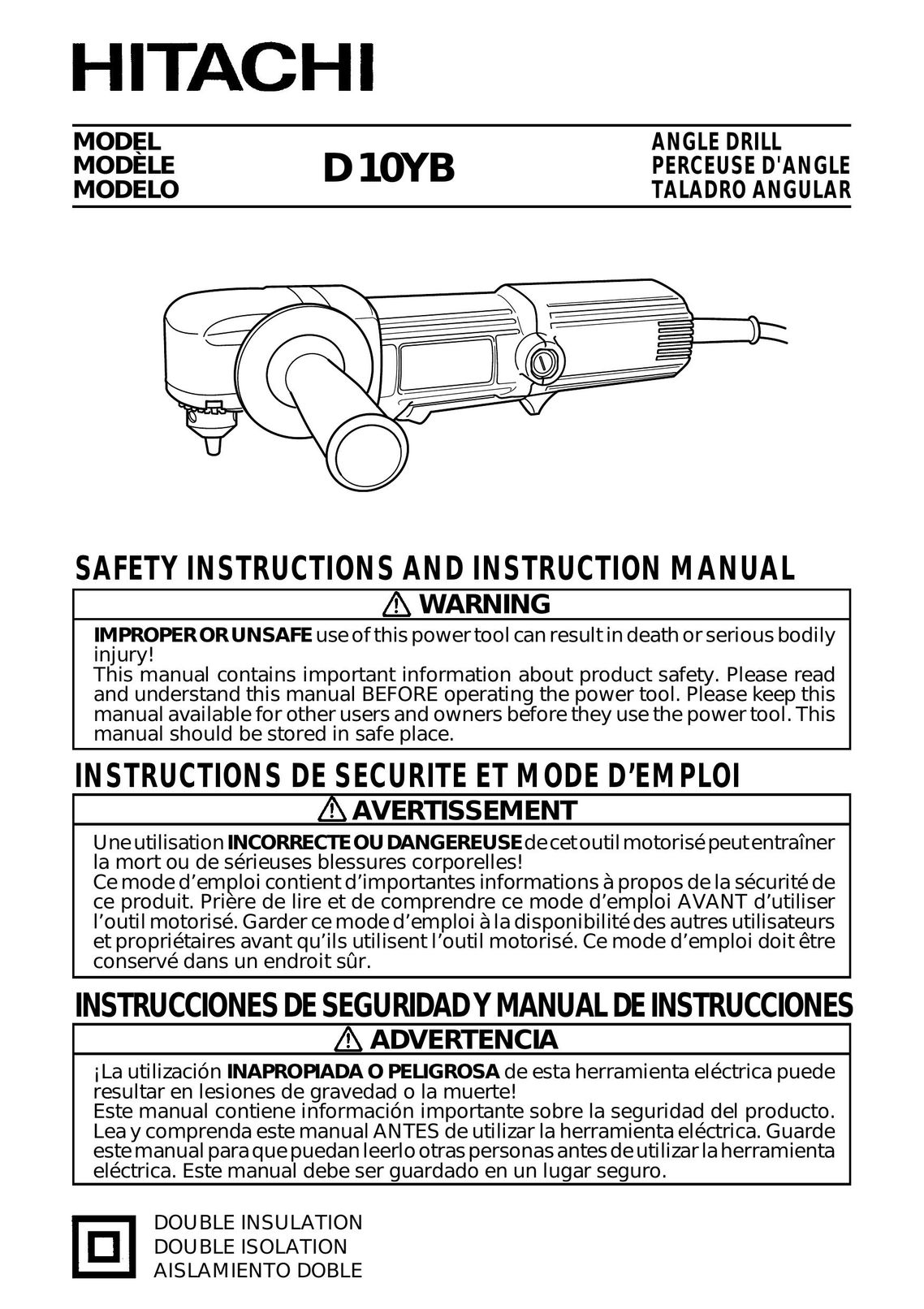 Hitachi Koki USA D10YB Drill User Manual