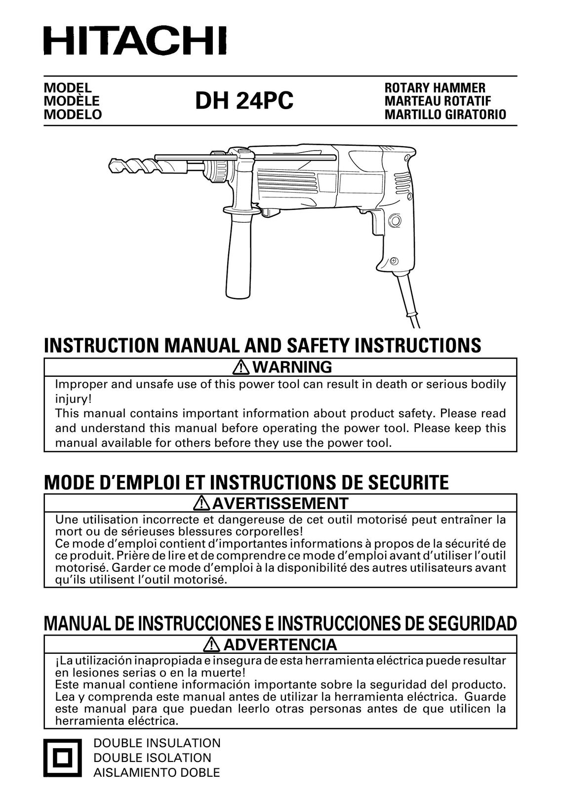 Hitachi Koki USA DH 24PC Drill User Manual