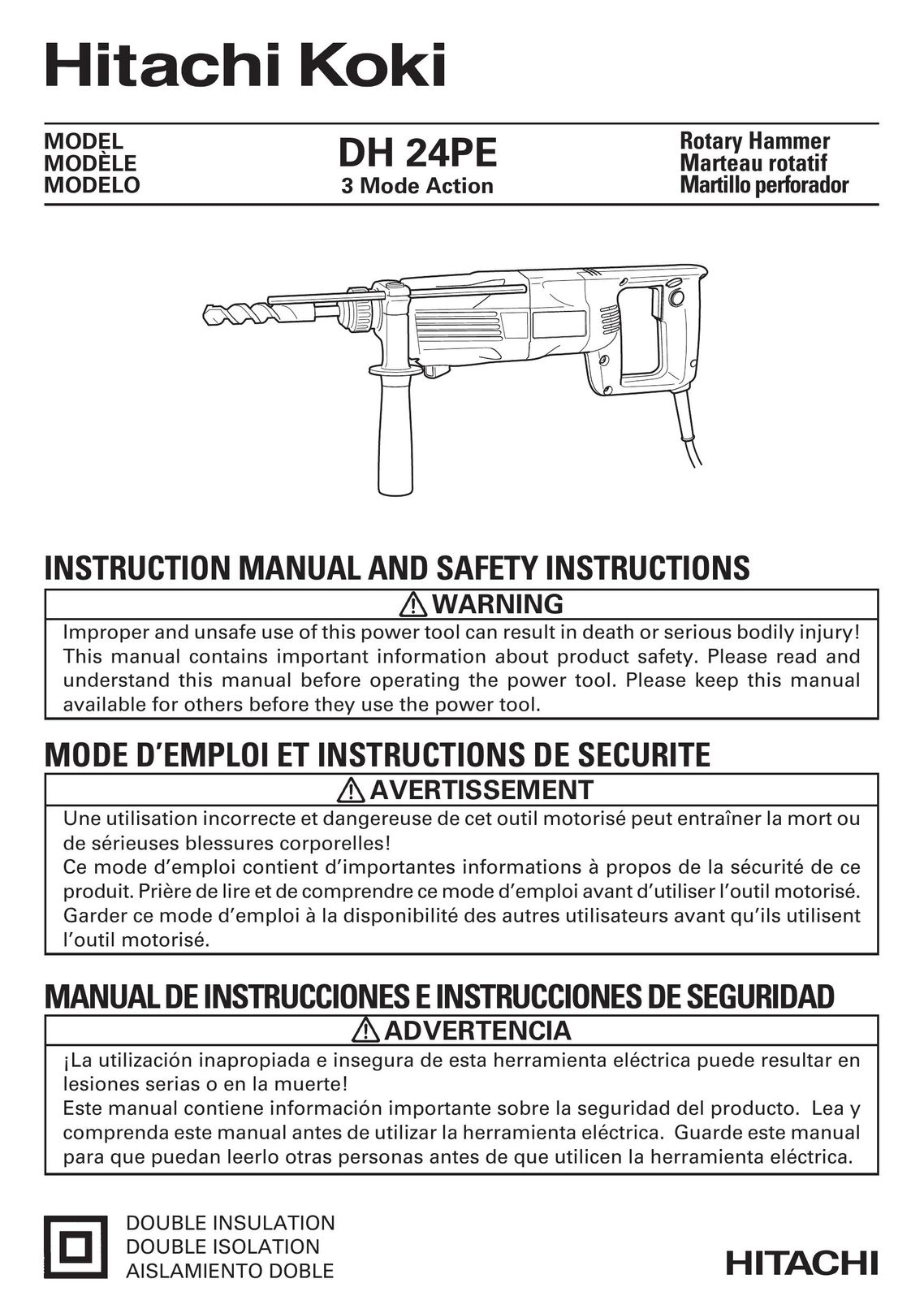 Hitachi Koki USA DH 24PE Drill User Manual