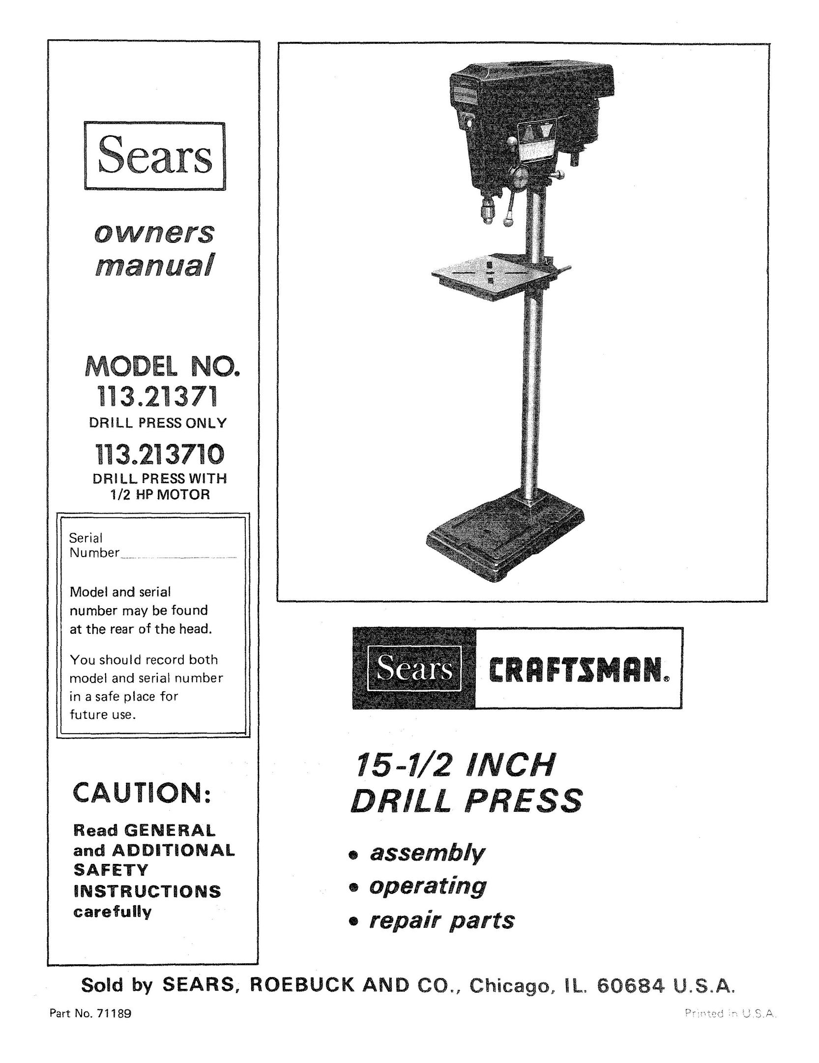 Sears 113.21371 Drill User Manual