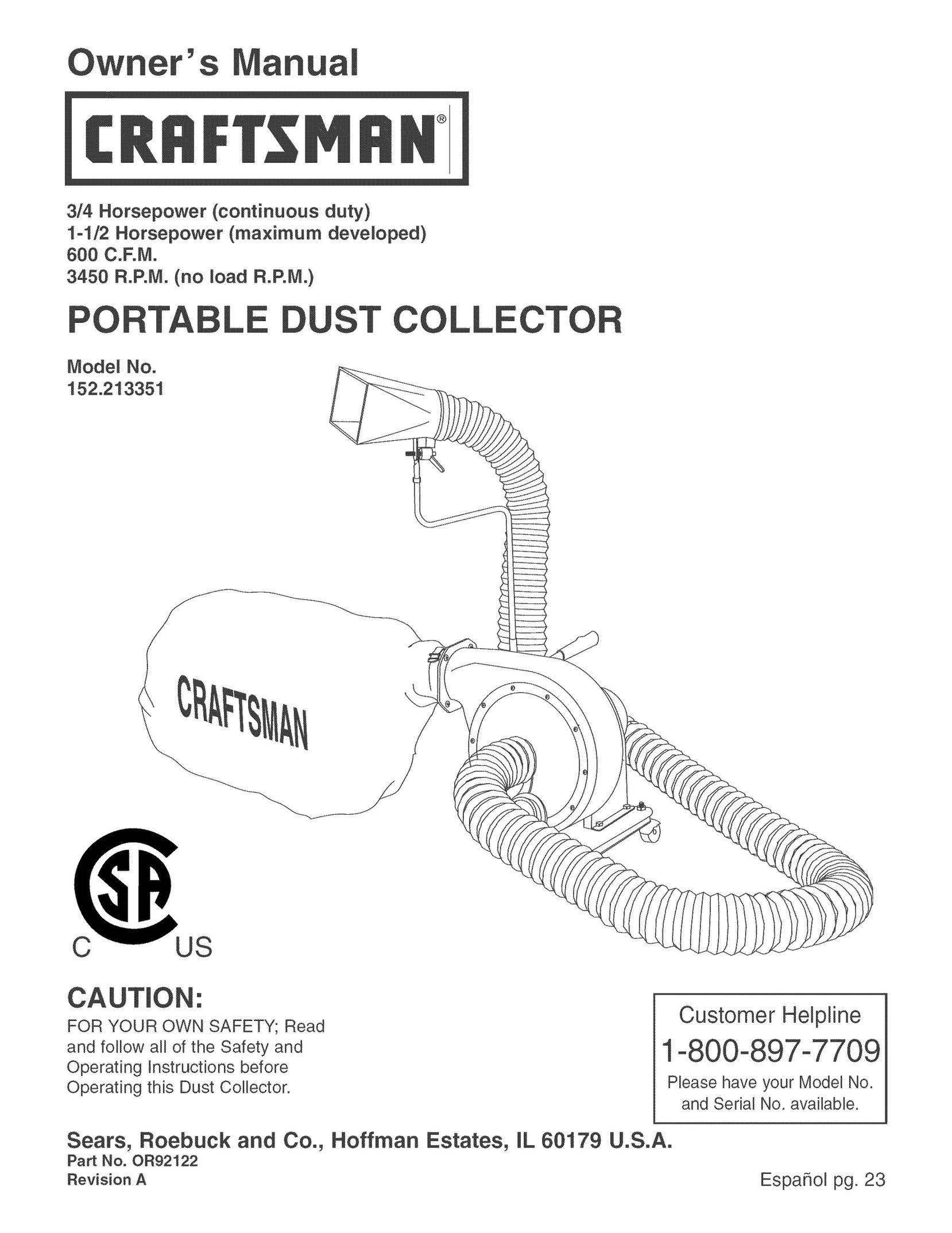 Craftsman 152.213351 Dust Collector User Manual