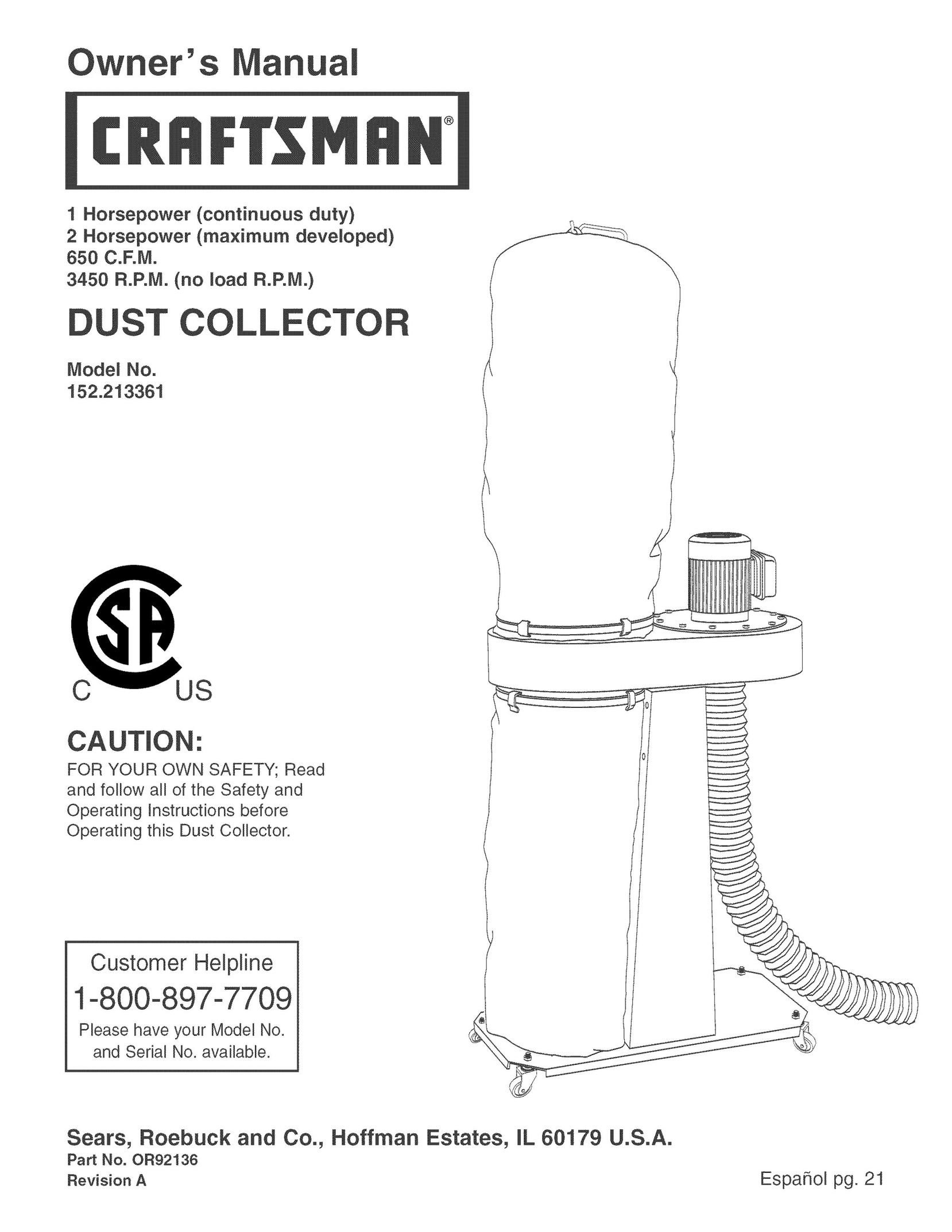 Craftsman 152.213361 Dust Collector User Manual