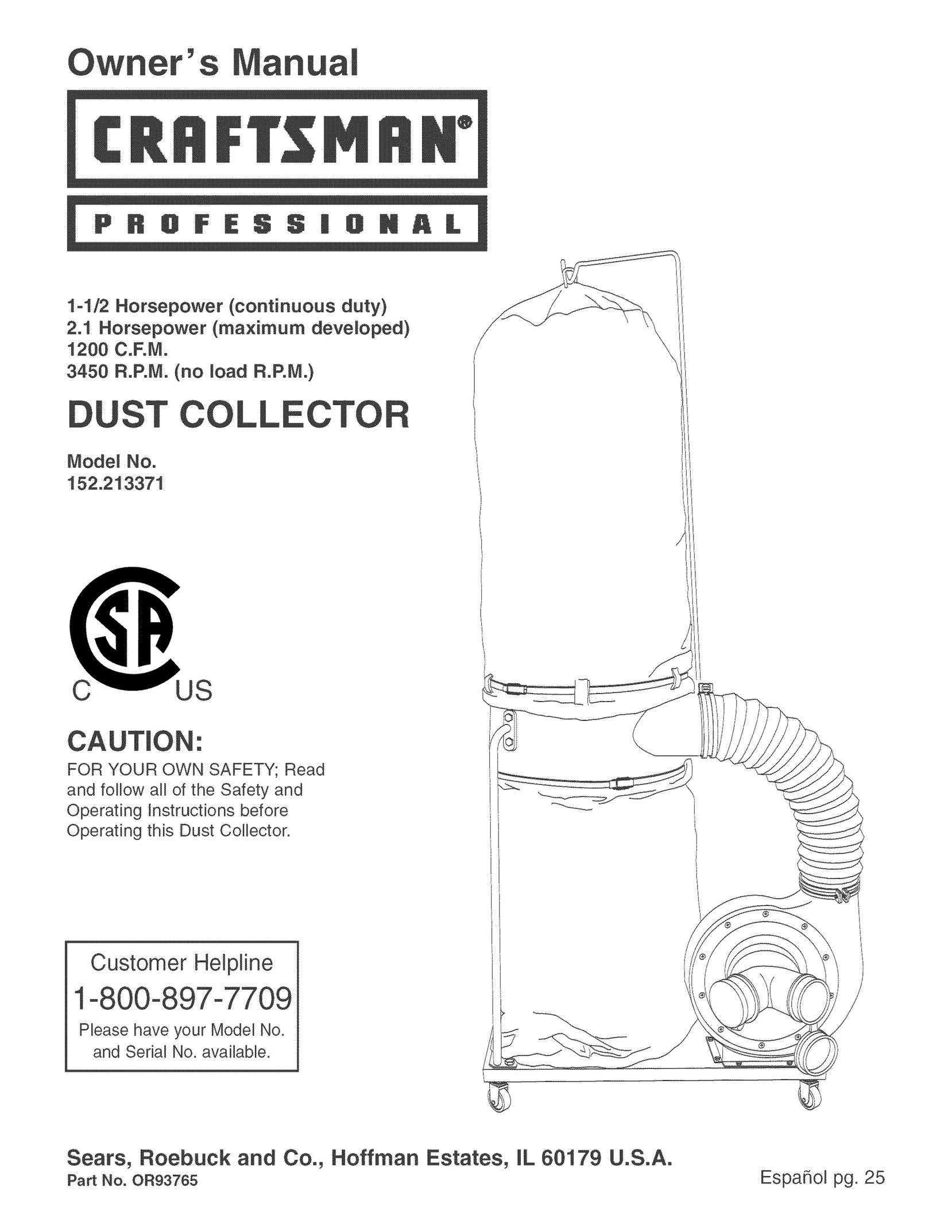 Craftsman 152.213371 Dust Collector User Manual