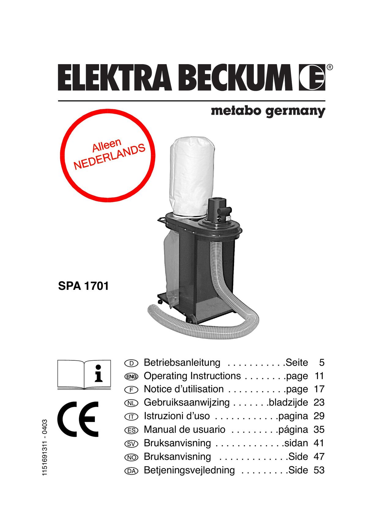 Elektra Beckum SPA 1701 Dust Collector User Manual