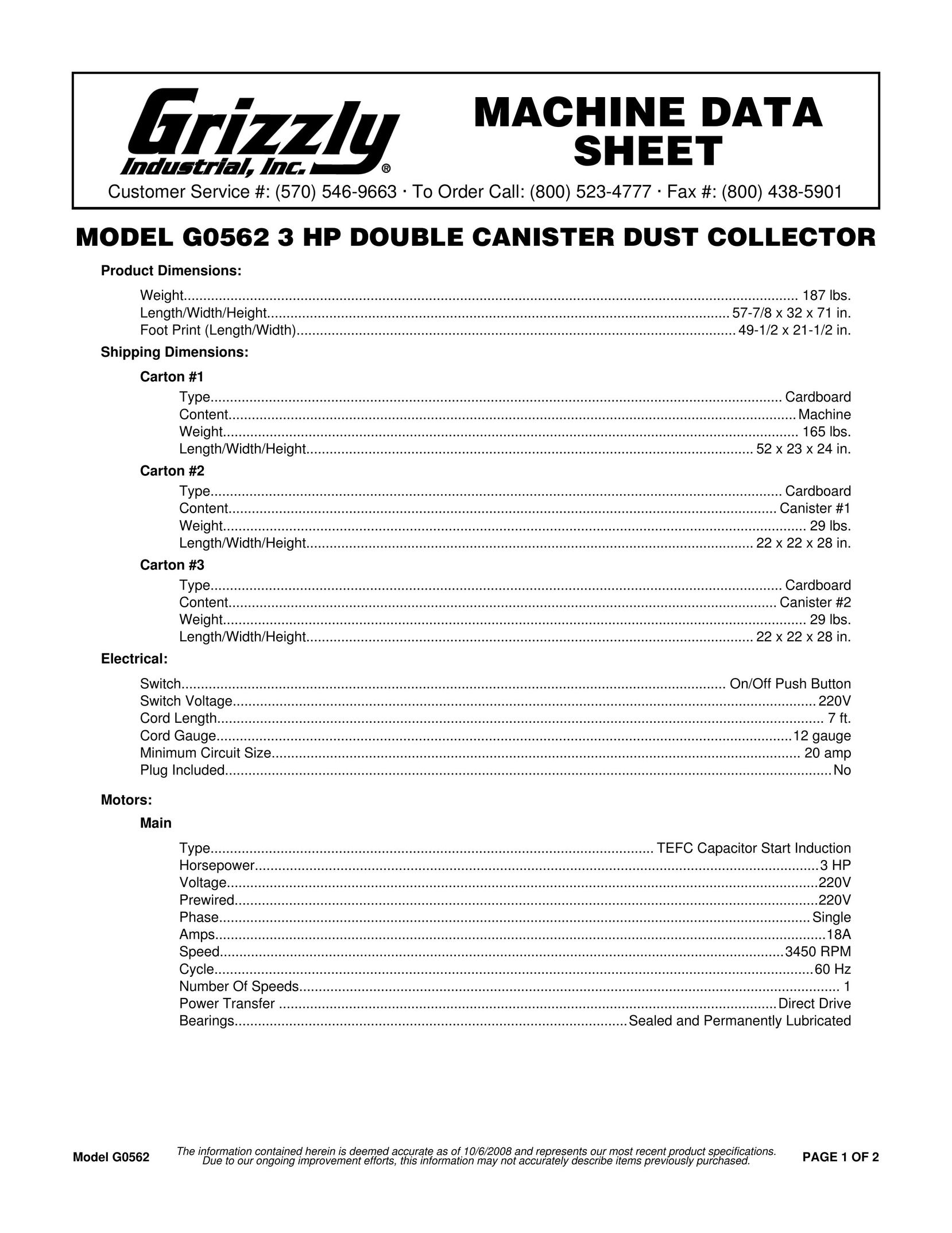 Grizzly G0562 Dust Collector User Manual