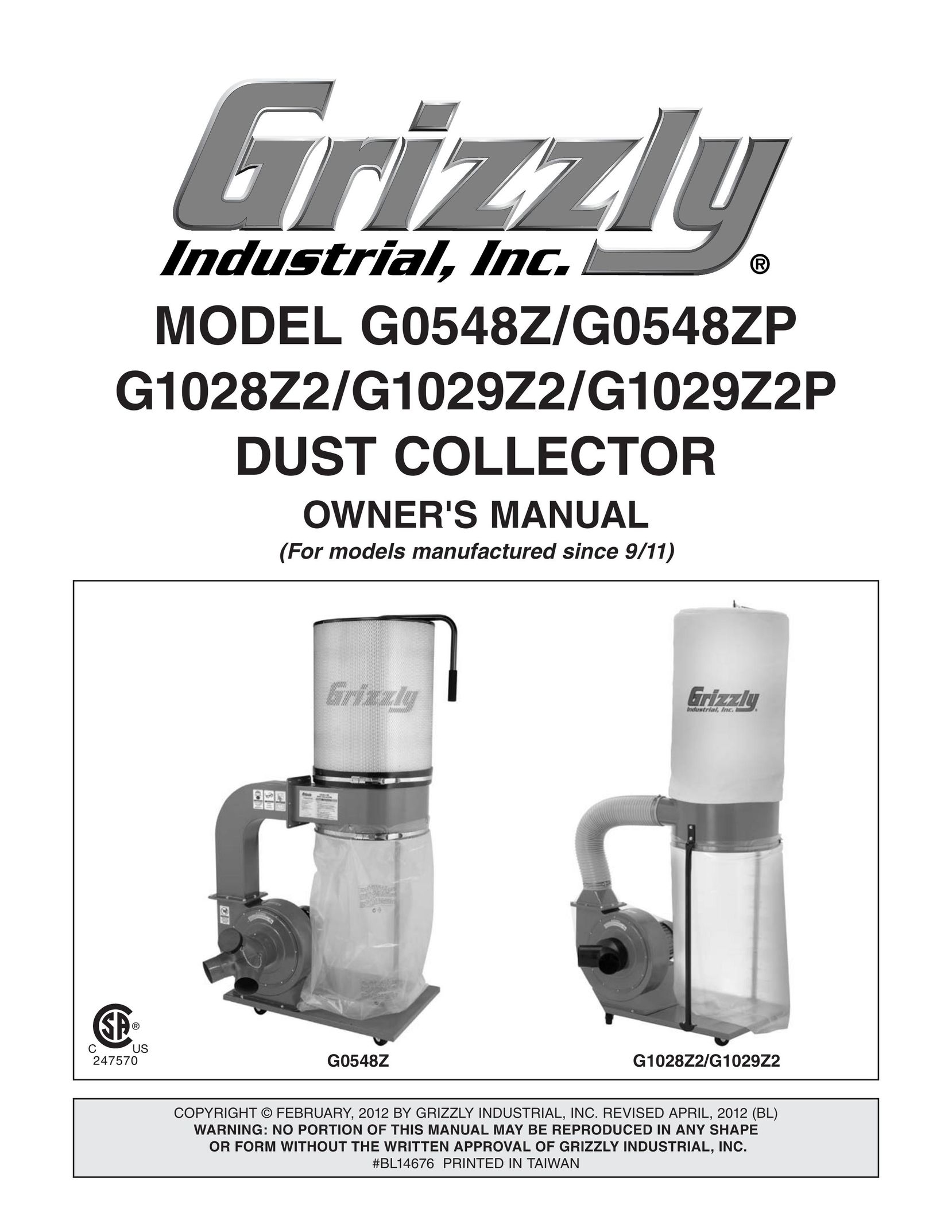 Grizzly G1029Z2P Dust Collector User Manual