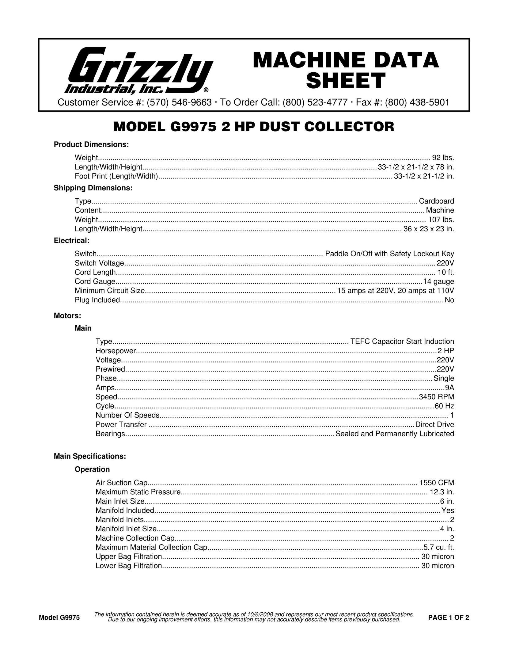Grizzly G9975 Dust Collector User Manual