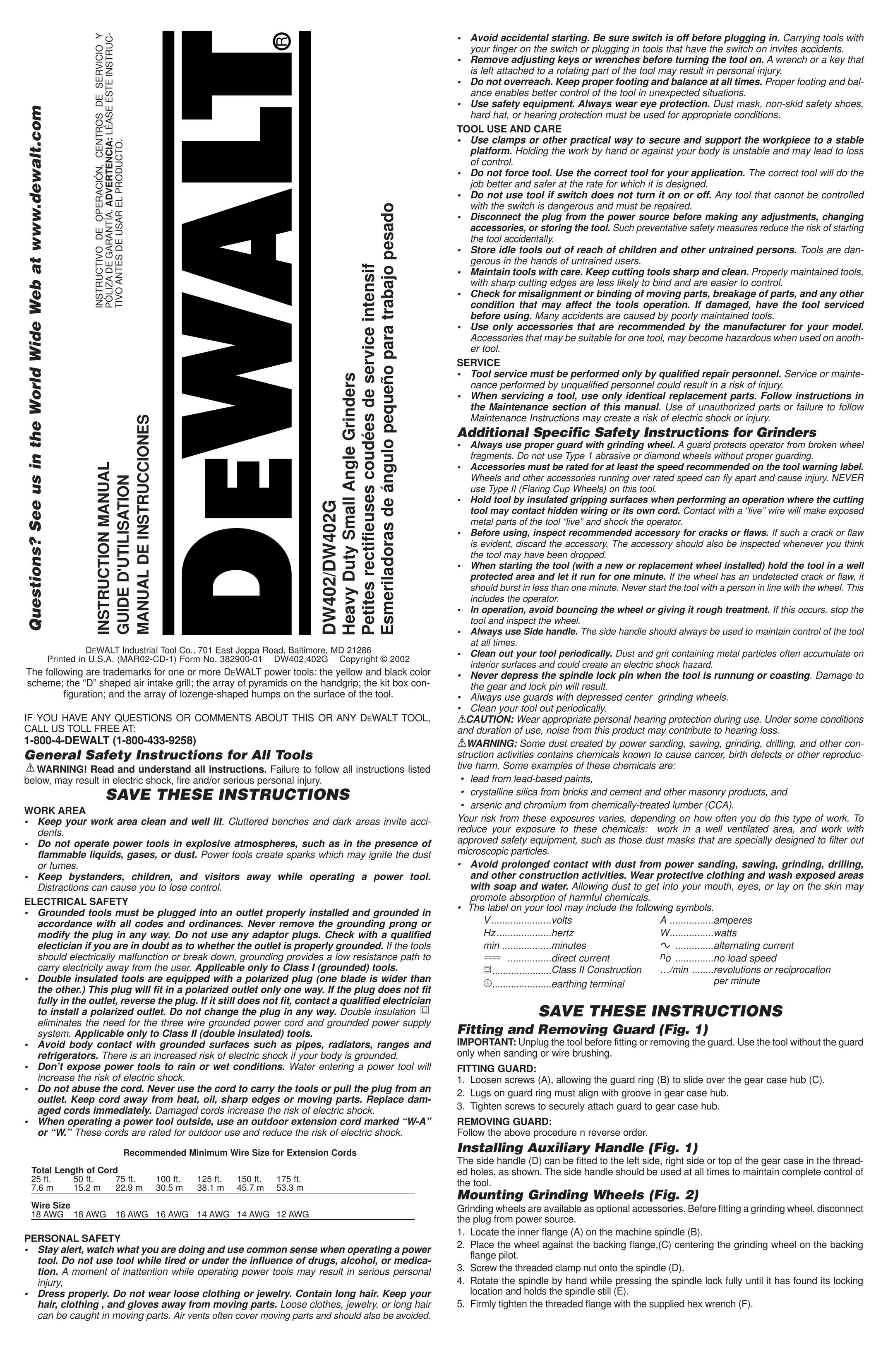 DeWalt DW402G Grinder User Manual