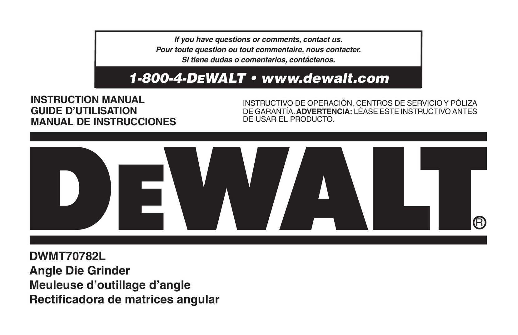 DeWalt DWMT70782L Grinder User Manual