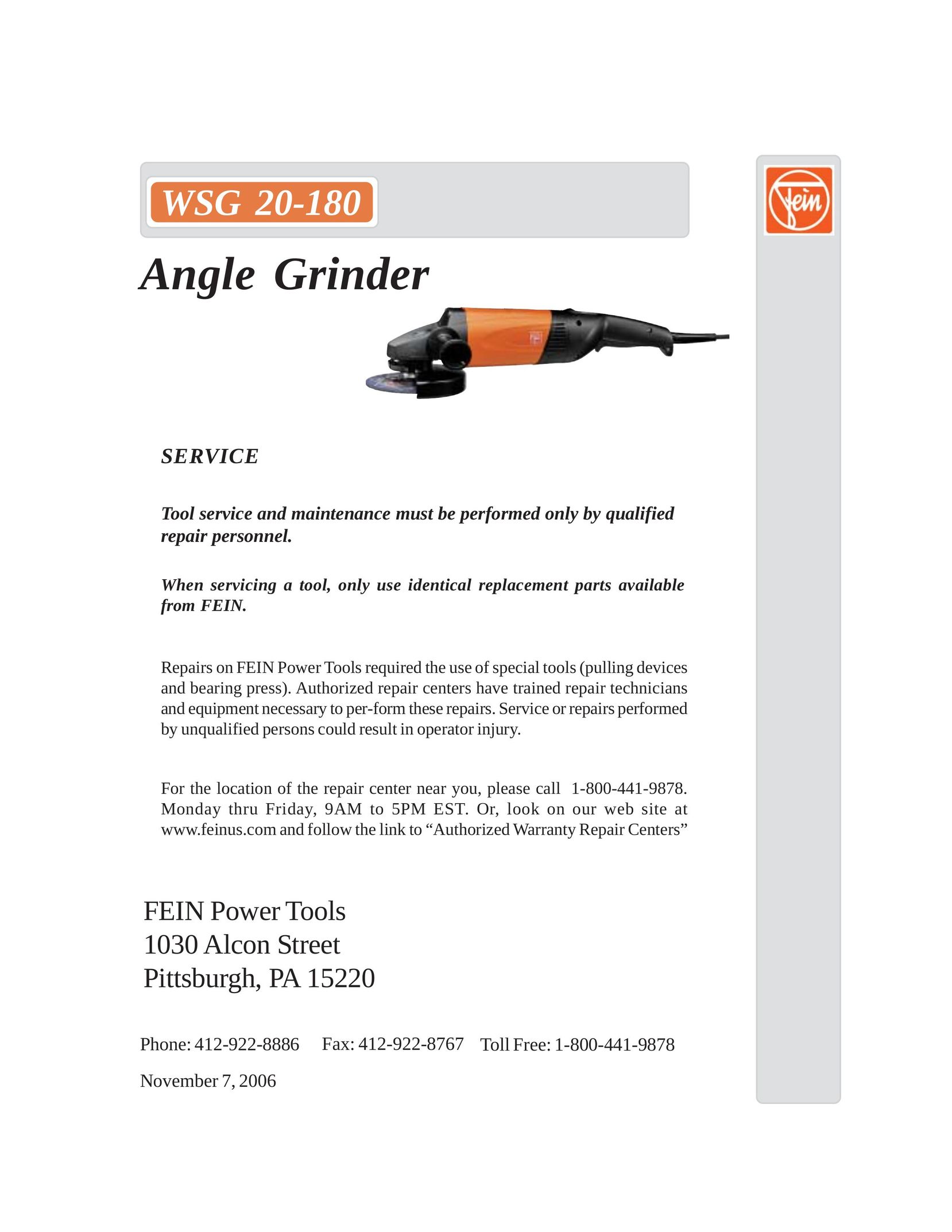 FEIN Power Tools WSG 20-180 Grinder User Manual