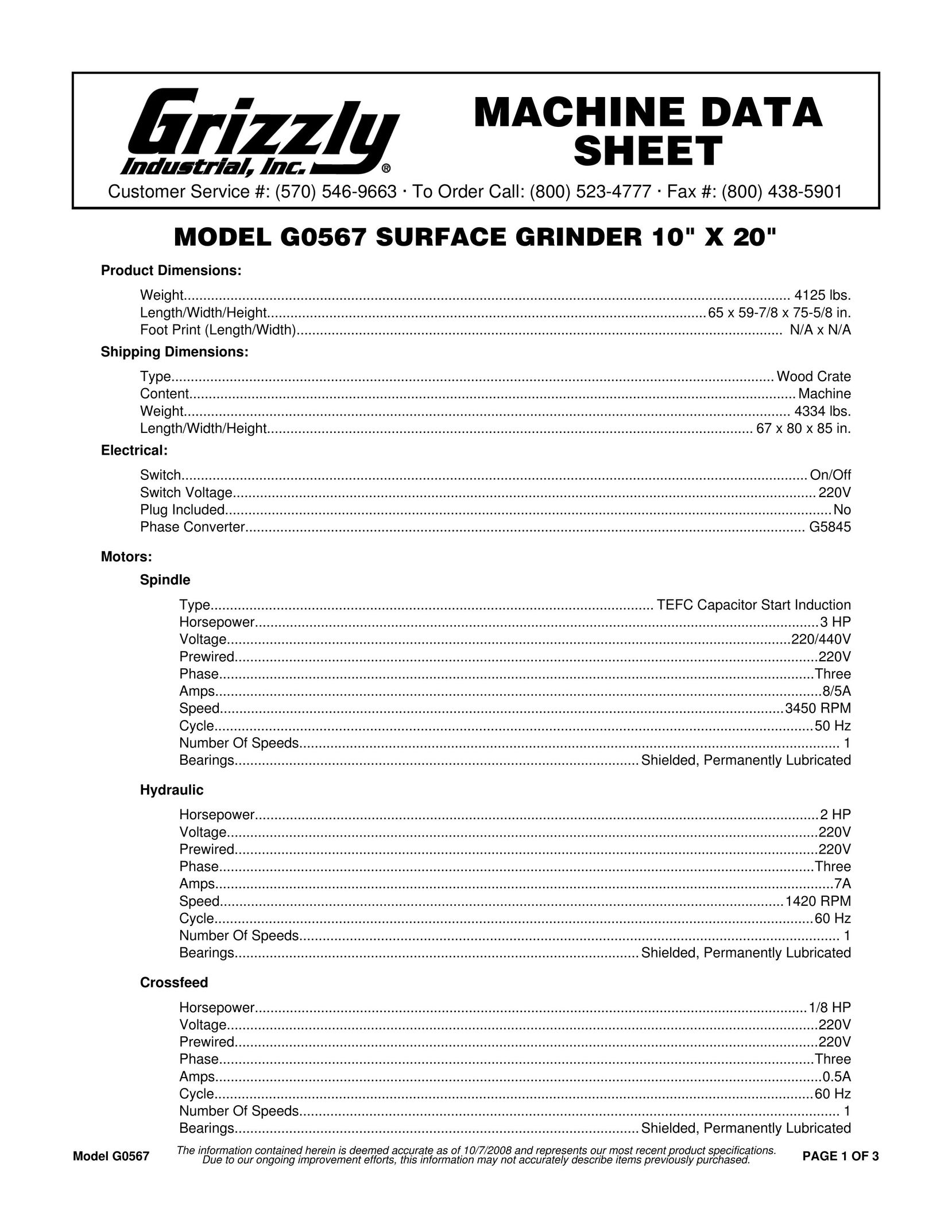 Grizzly G0567 Grinder User Manual