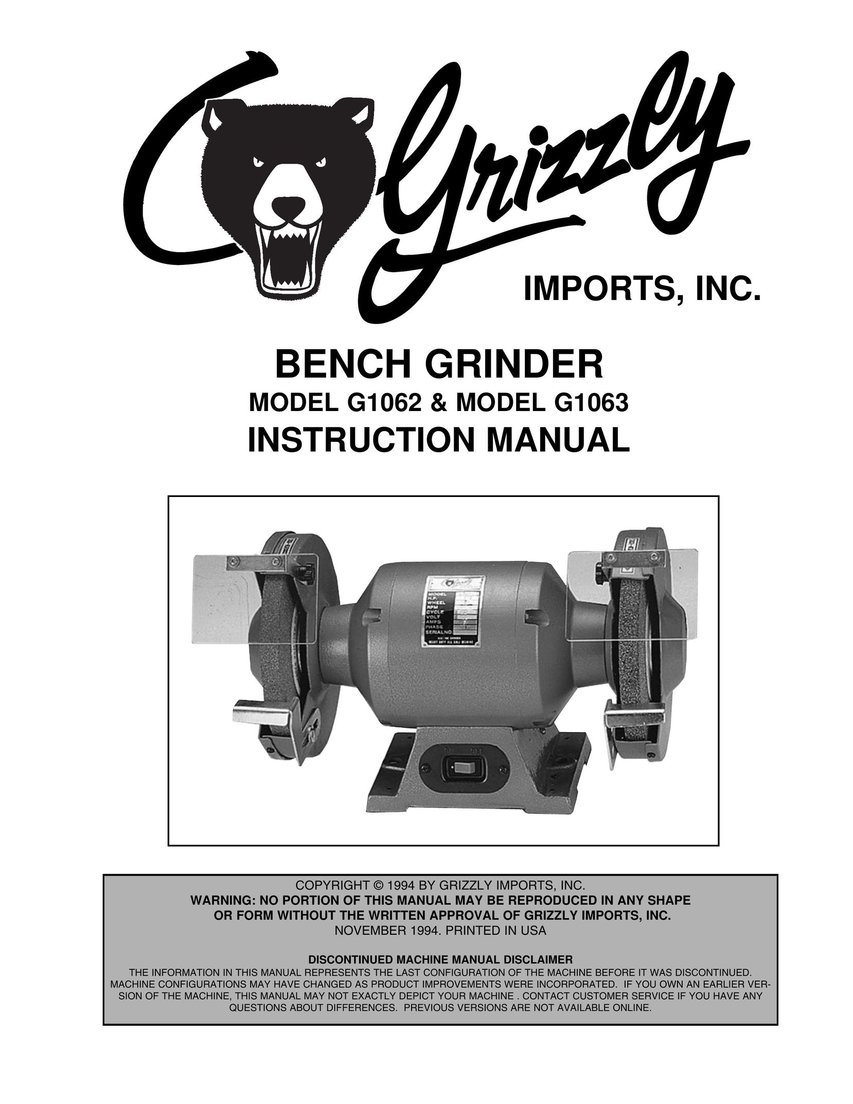 Grizzly G1063 Grinder User Manual