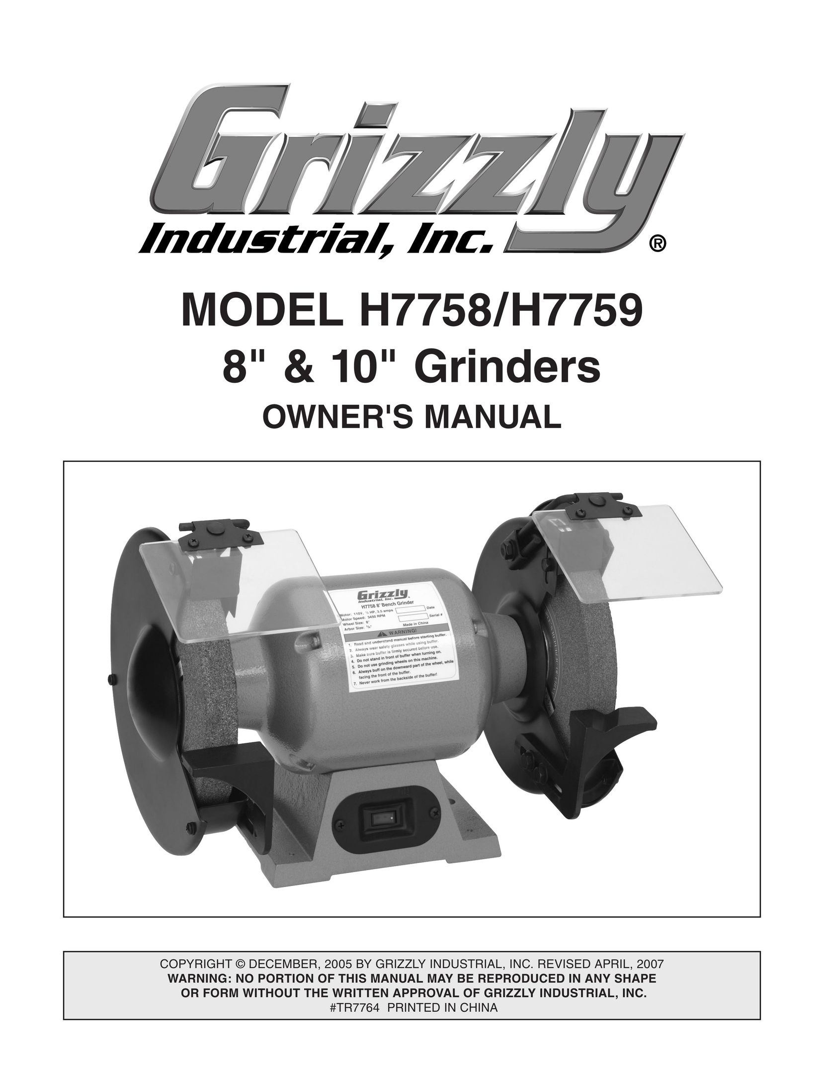 Grizzly H7758 Grinder User Manual