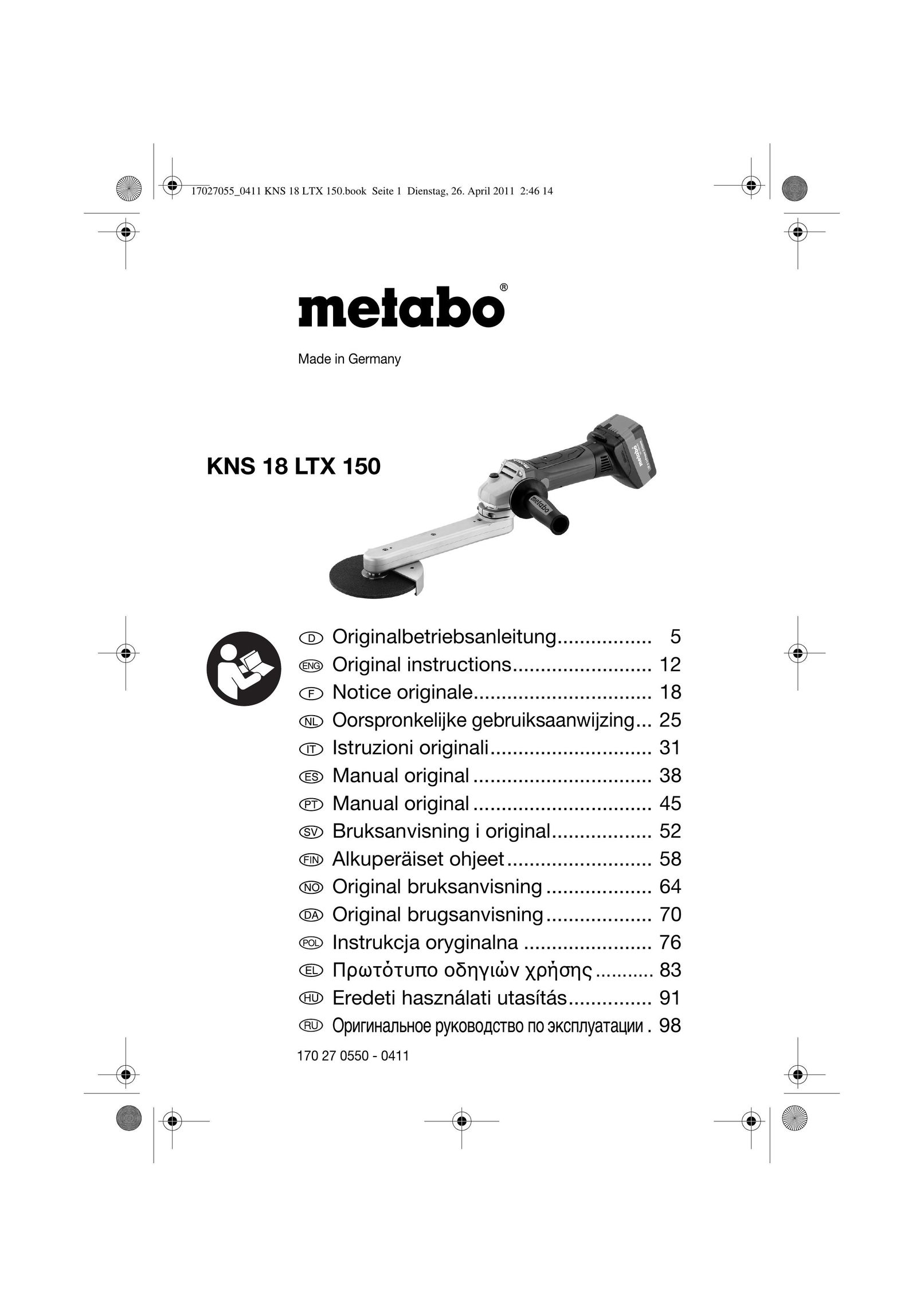 Metabo KNS 18 LTX 150 BARE Grinder User Manual