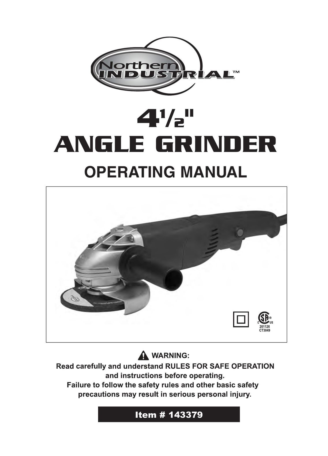Northern Industrial Tools 143379 Grinder User Manual