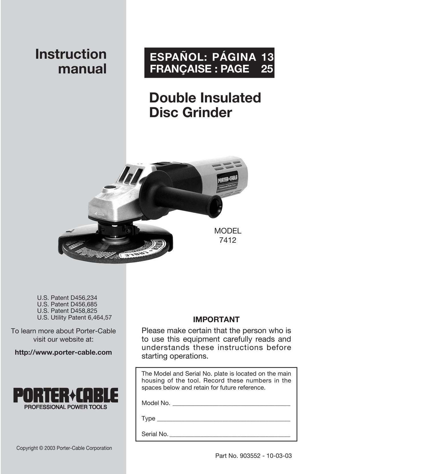 Porter-Cable 7412 Grinder User Manual