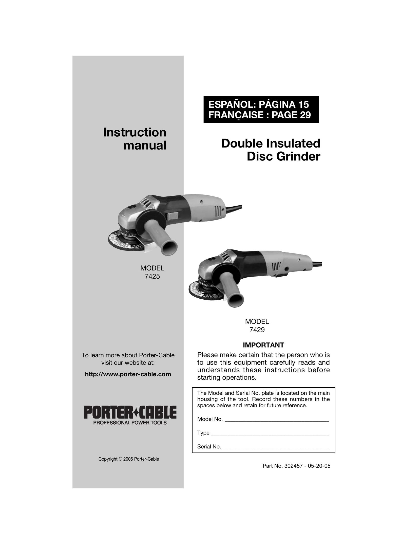 Porter-Cable 7429 Grinder User Manual