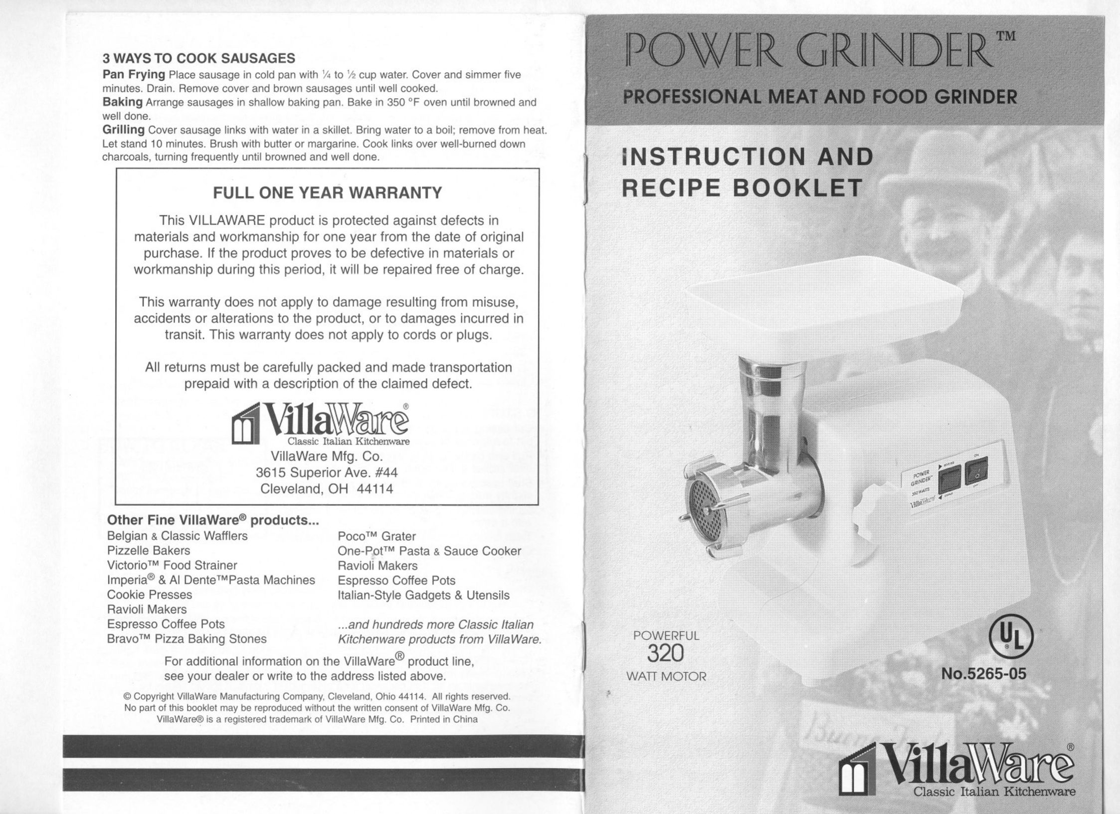 Villaware 5265-05 Grinder User Manual
