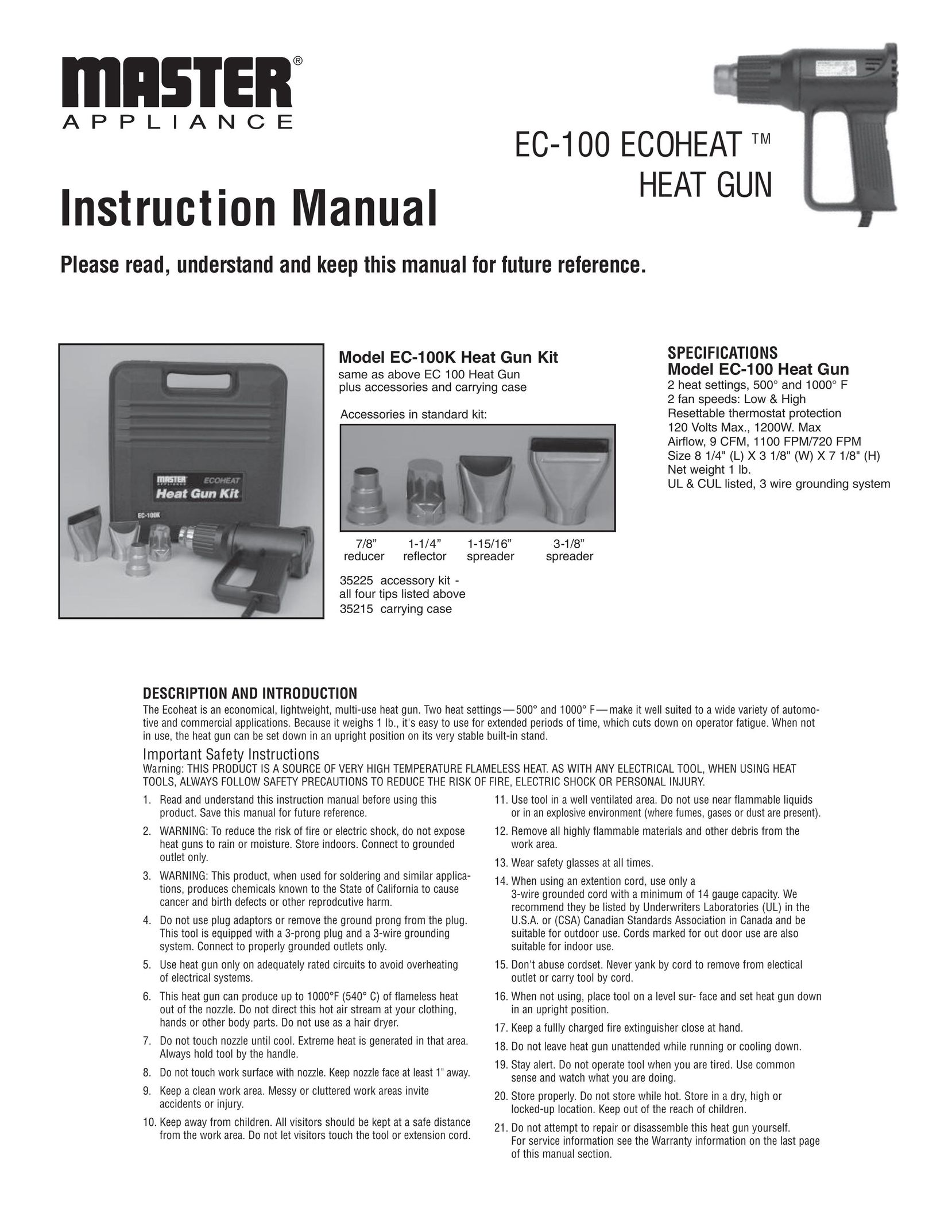 Master Appliance EC 100-K Heat Gun User Manual
