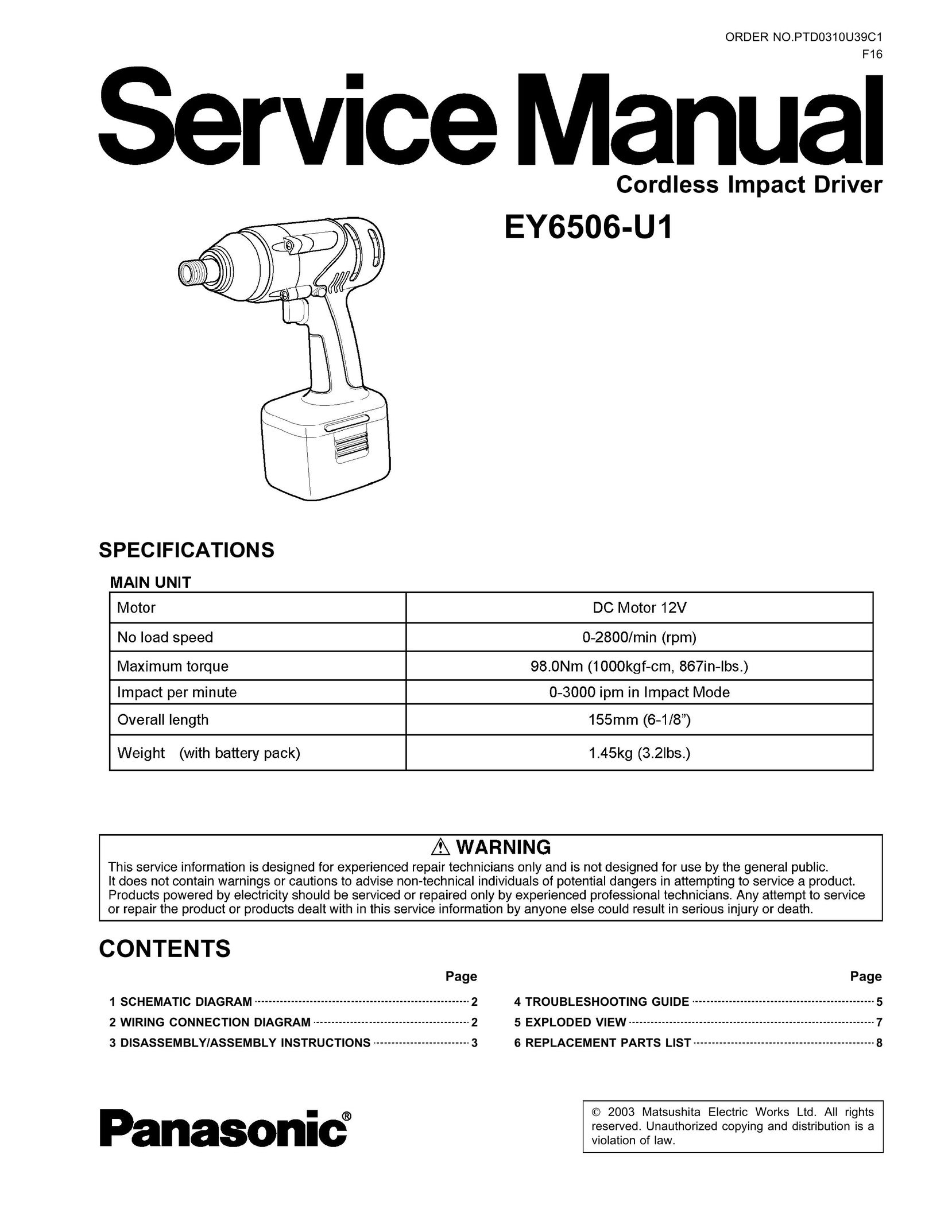 Panasonic EY6506-U1 Impact Driver User Manual