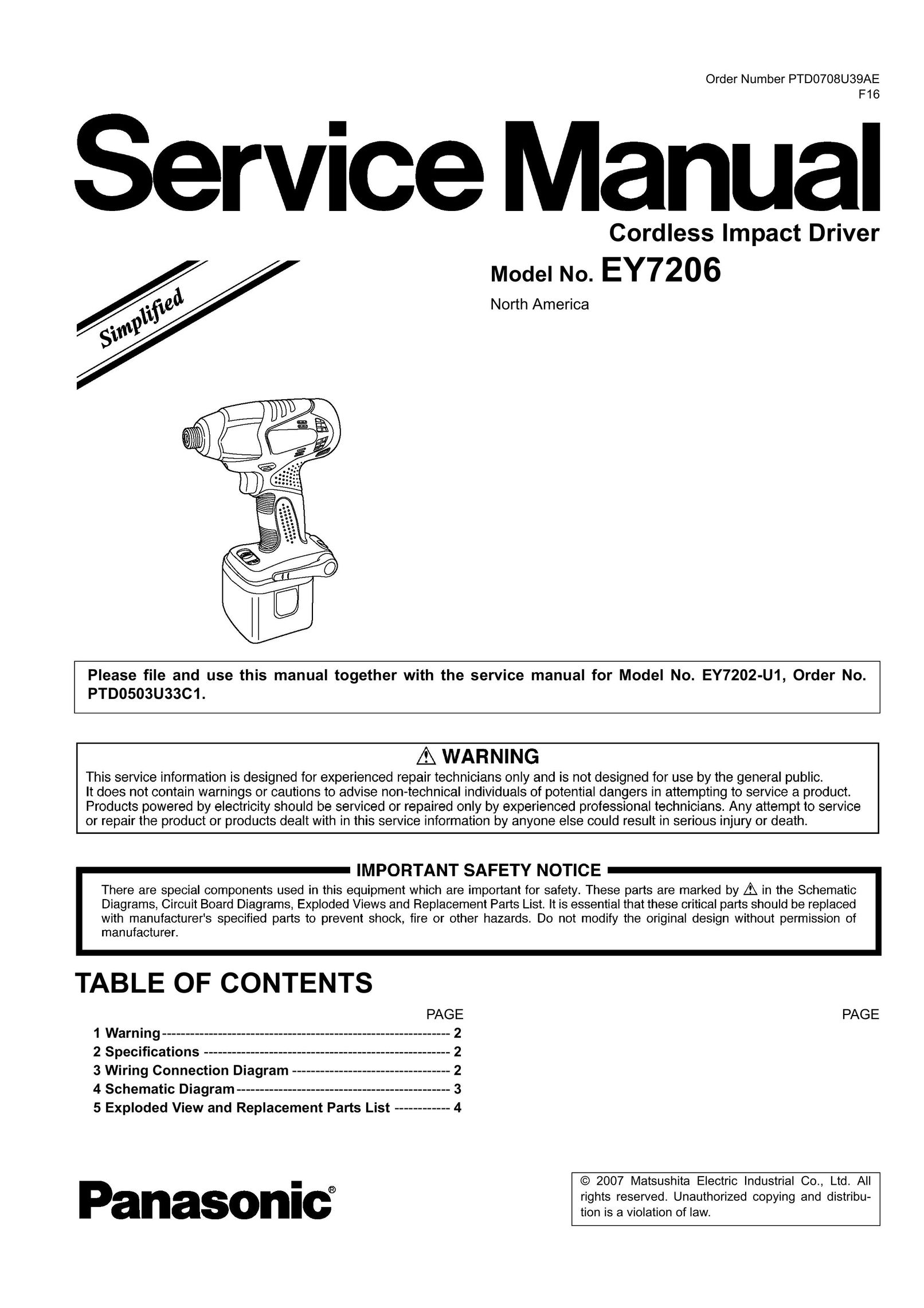 Panasonic EY7206 Impact Driver User Manual