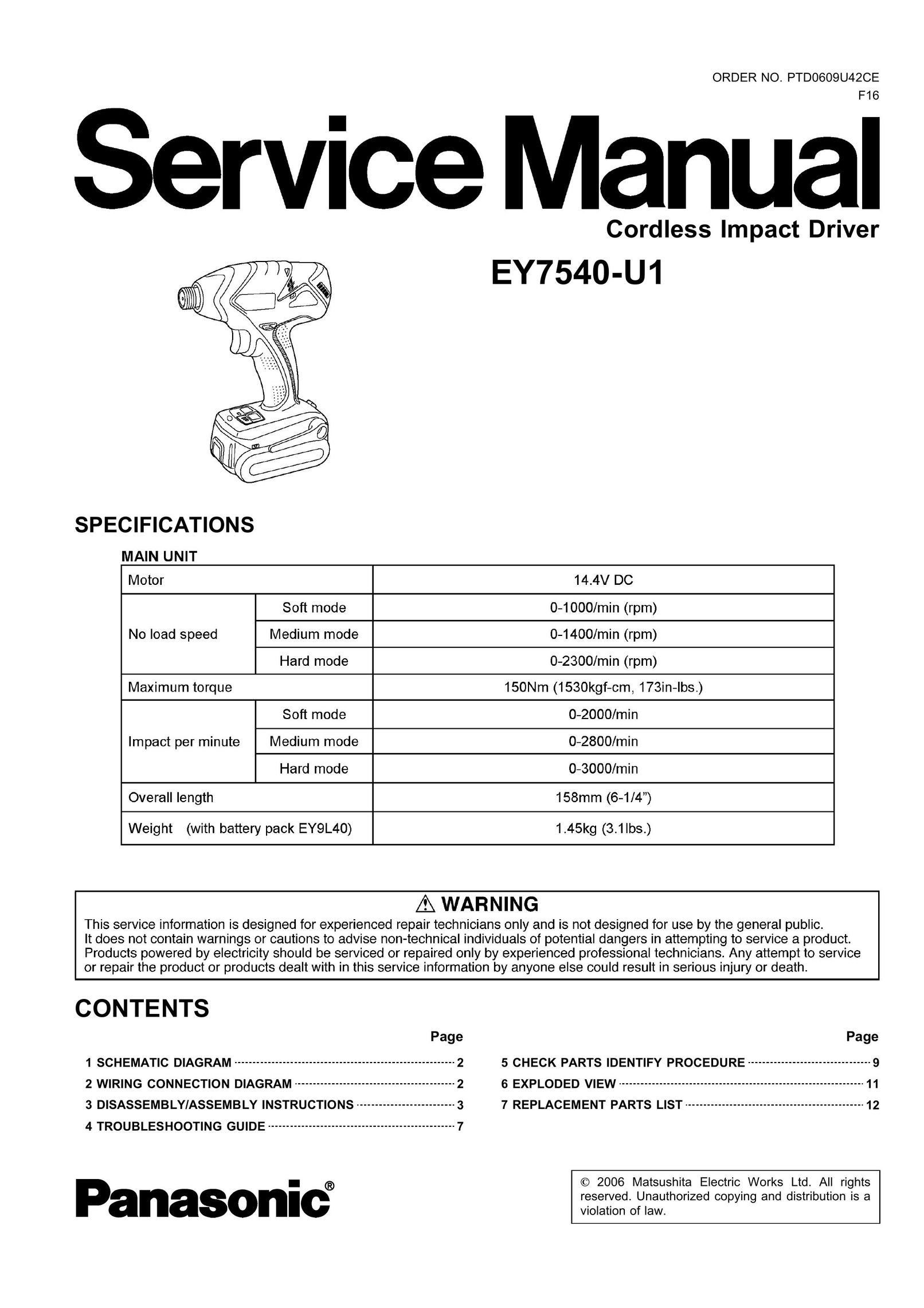 Panasonic EY7540-U1 Impact Driver User Manual