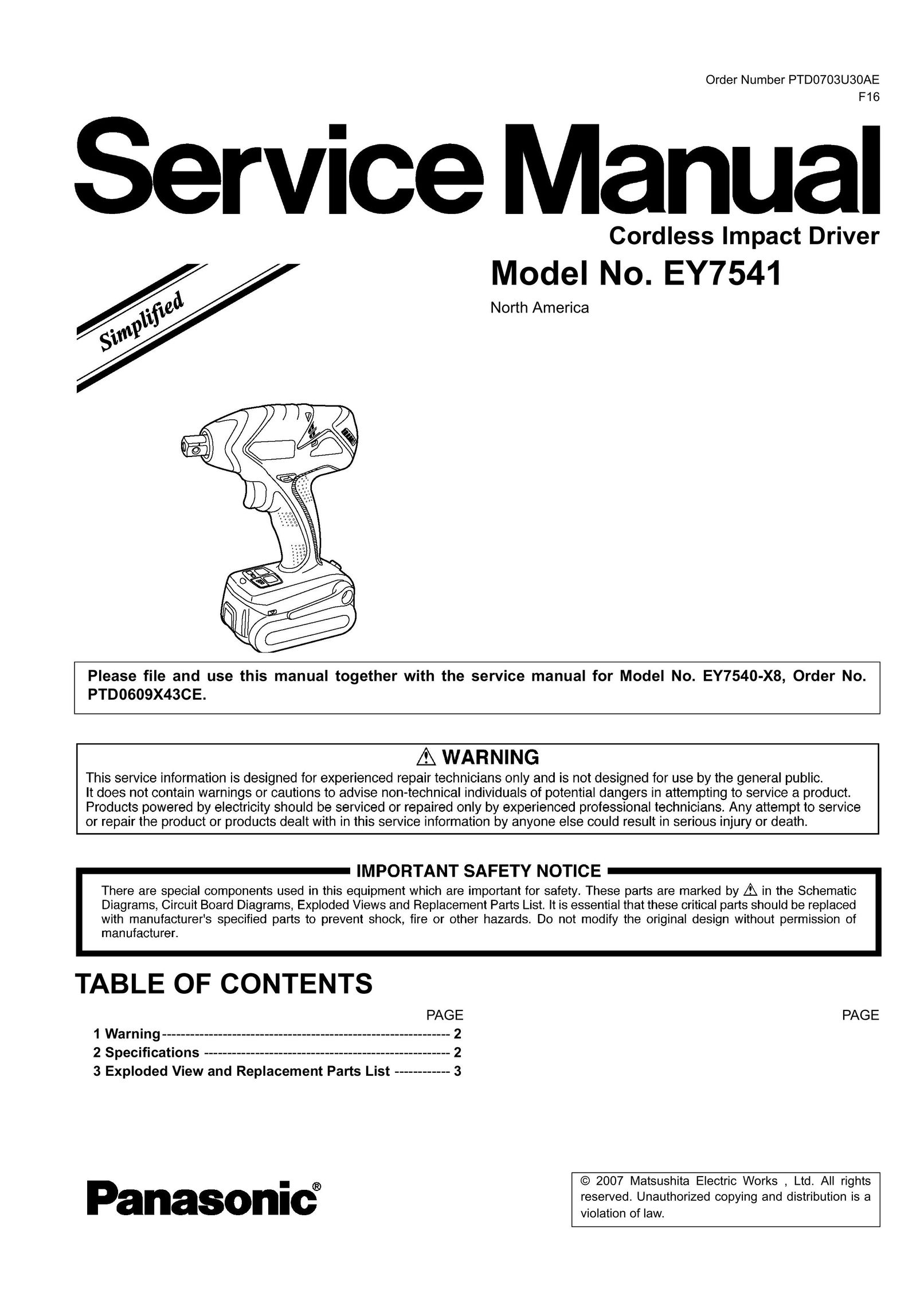 Panasonic EY7541 Impact Driver User Manual
