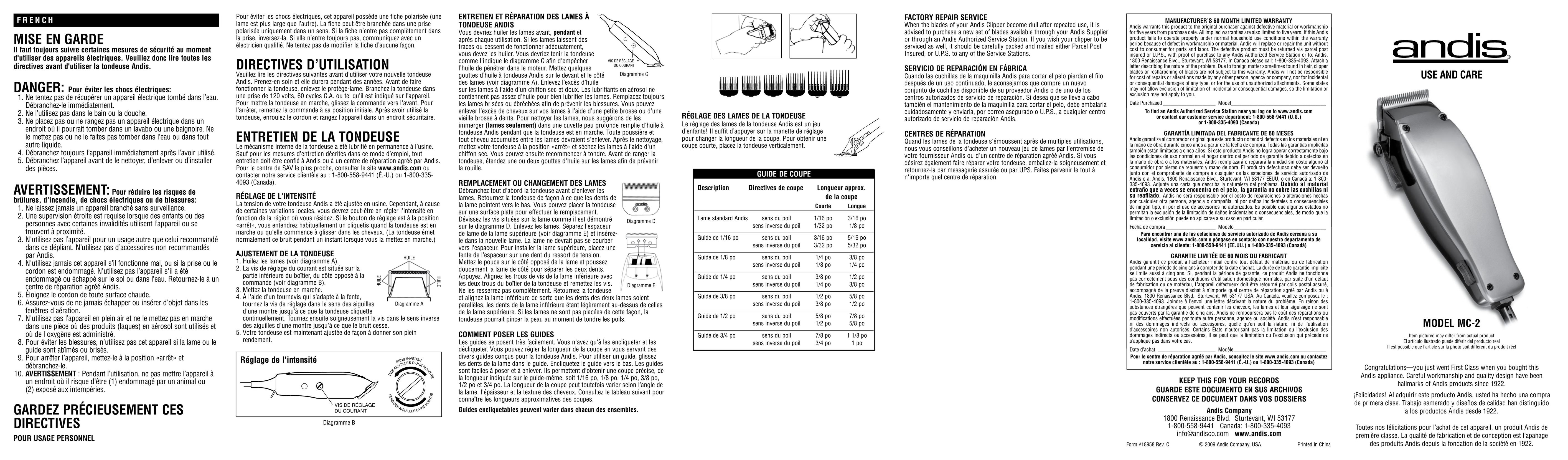 Andis Company MC-2 Laminate Trimmer User Manual