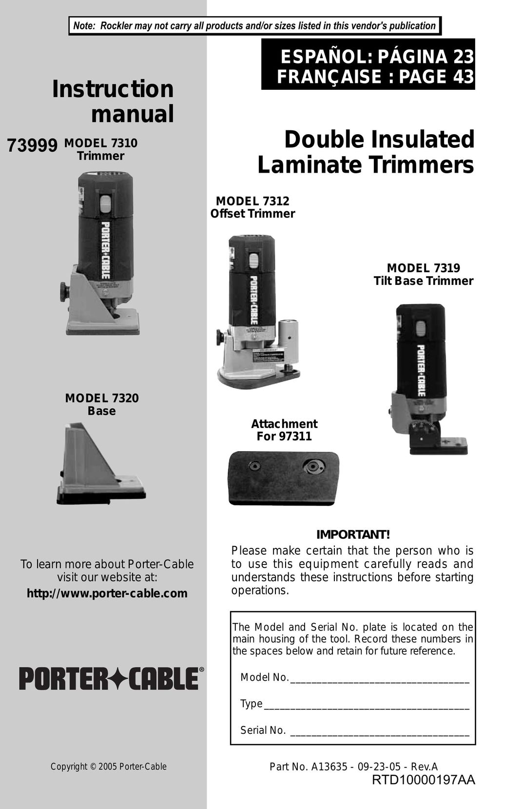 Porter-Cable 7310 Laminate Trimmer User Manual