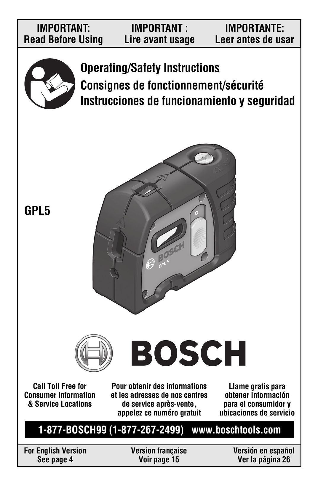 Bosch Power Tools GPL5 Laser Level User Manual