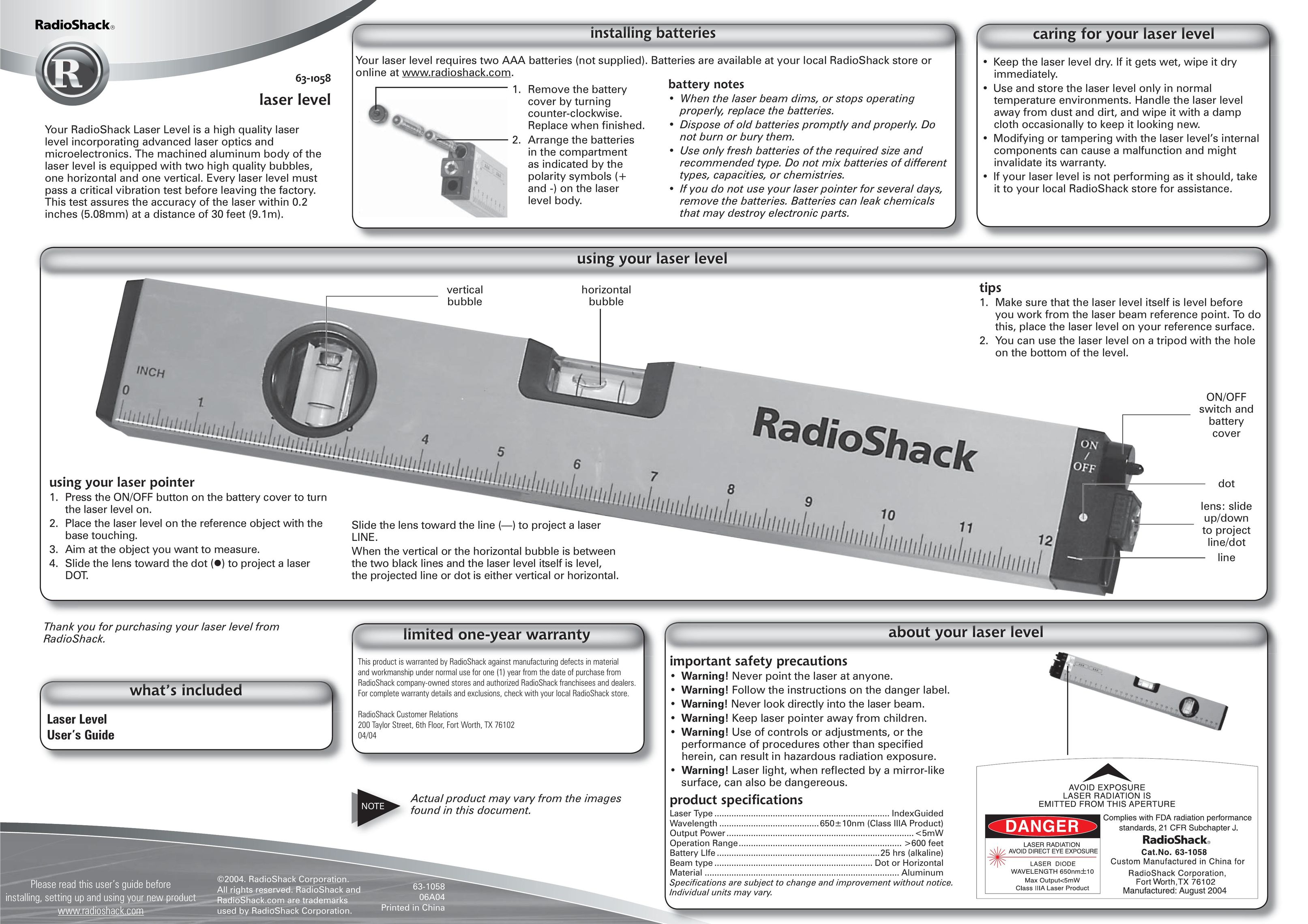 Radio Shack 63-1058 Laser Level User Manual
