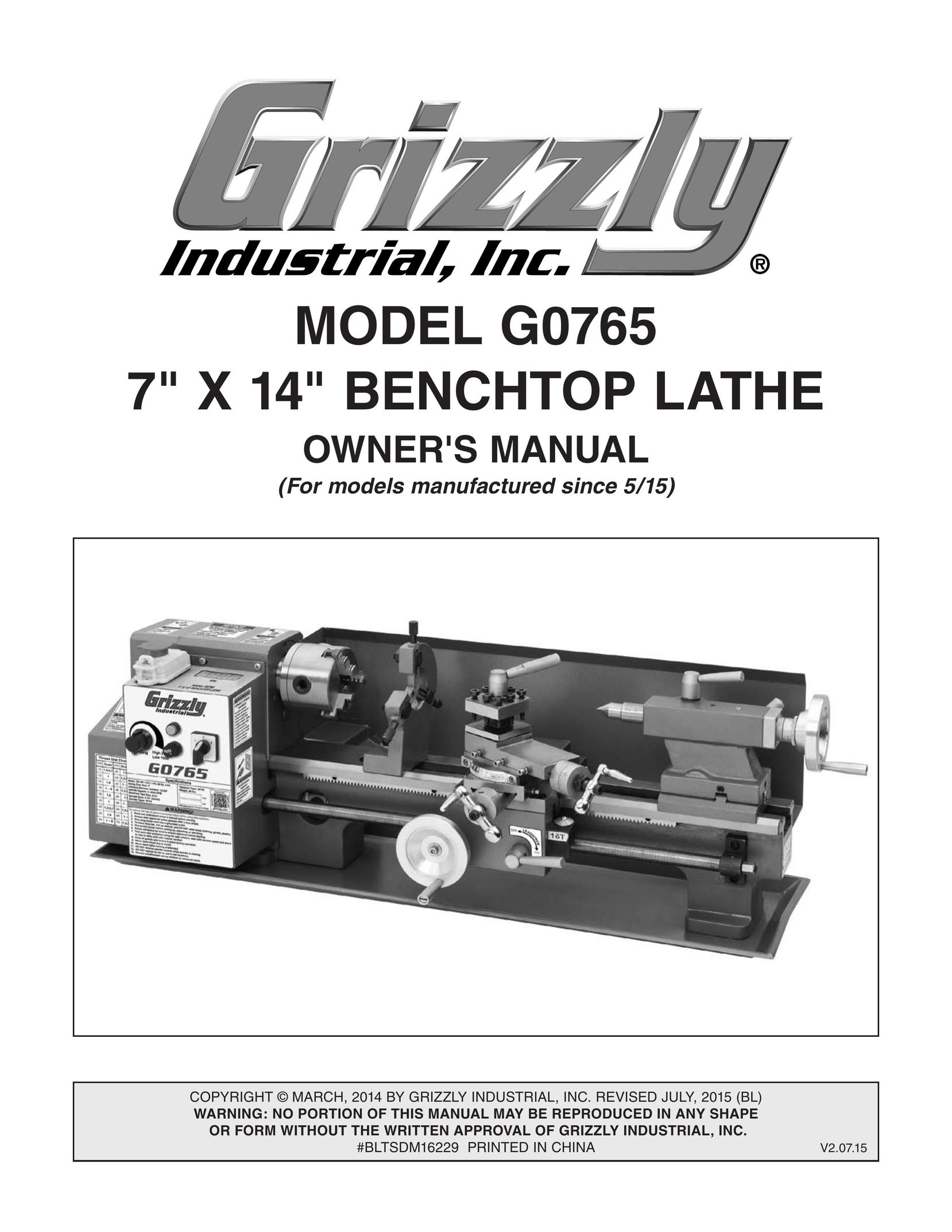 Grizzly G0765 Lathe User Manual